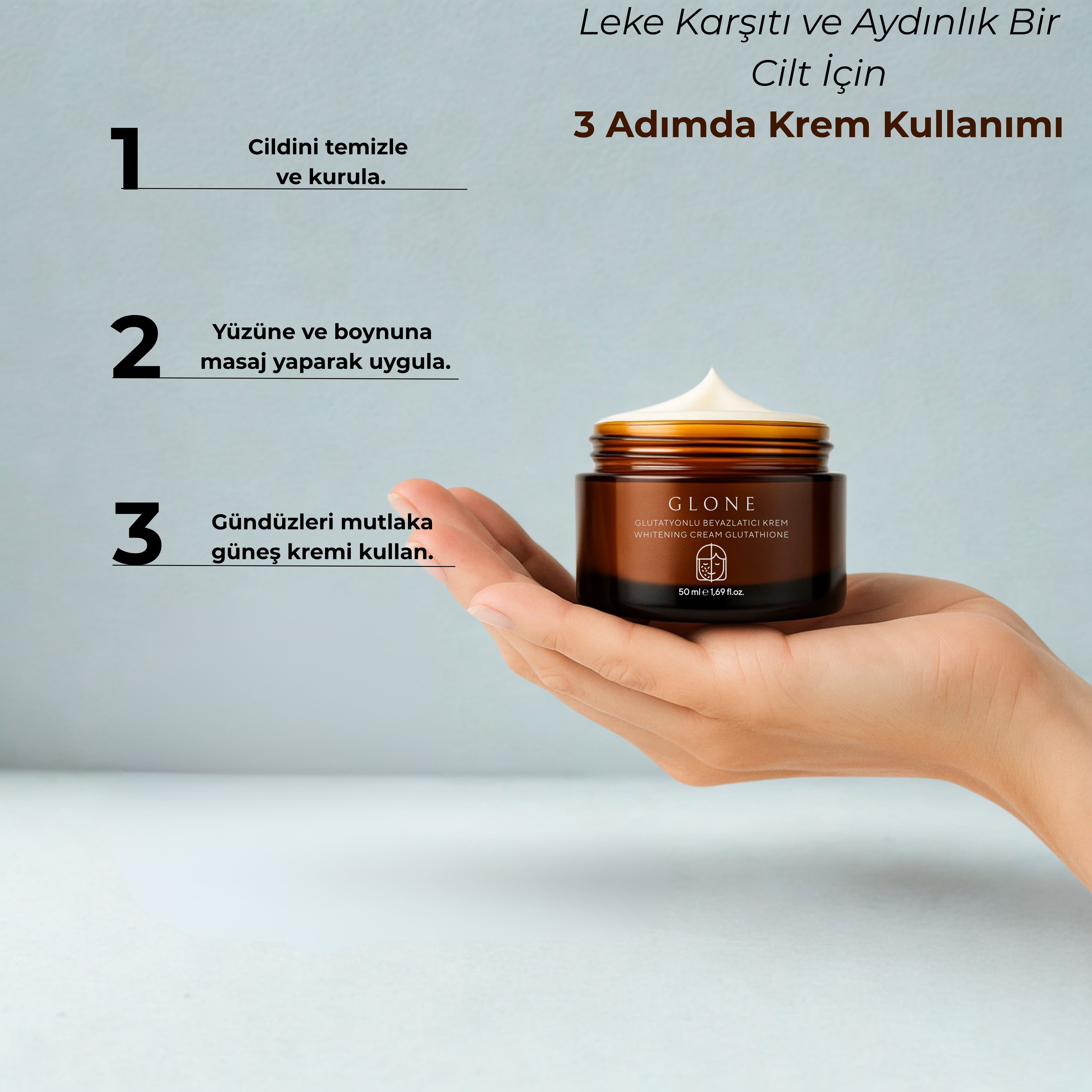 GLONE Glutatyonlu Beyazlatıcı Krem | Niacinamide, Glikolik Asit & Alpha Arbutin İçerikli - Cilt Beyazlatma, Leke Karşıtı ve Parlaklık Sağlayan Bakım 50 ml | Shea Yağı & Panthenol ile Nemlendirici
