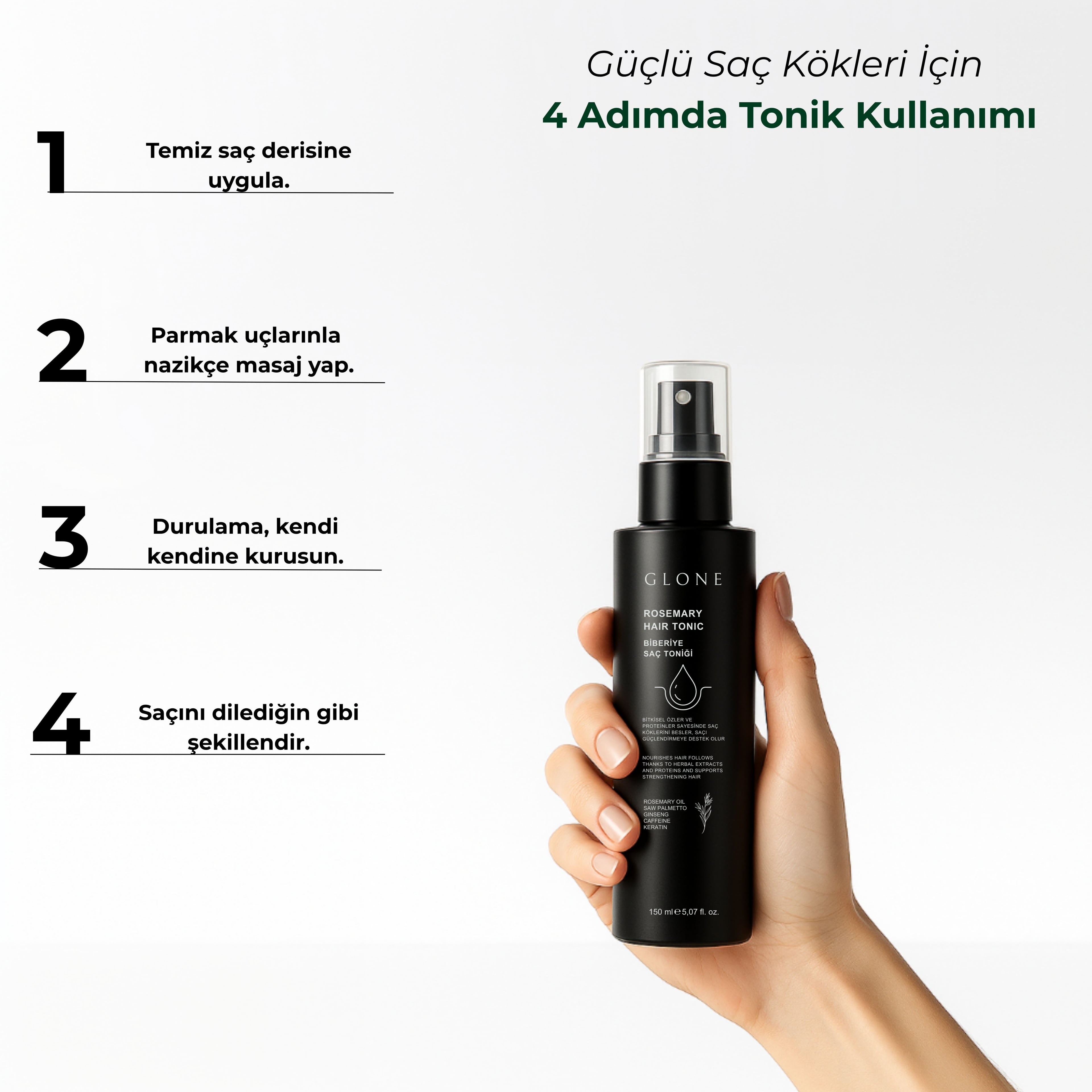 GLONE Biberiye Saç Toniği 150ml | Biberiye Yağı, Keratin & Kafein İçeren Saç Dökülmesi Karşıtı Tonik | Ginseng ve Cüce Palmiye ile Saç Uzatma & Güçlendirme