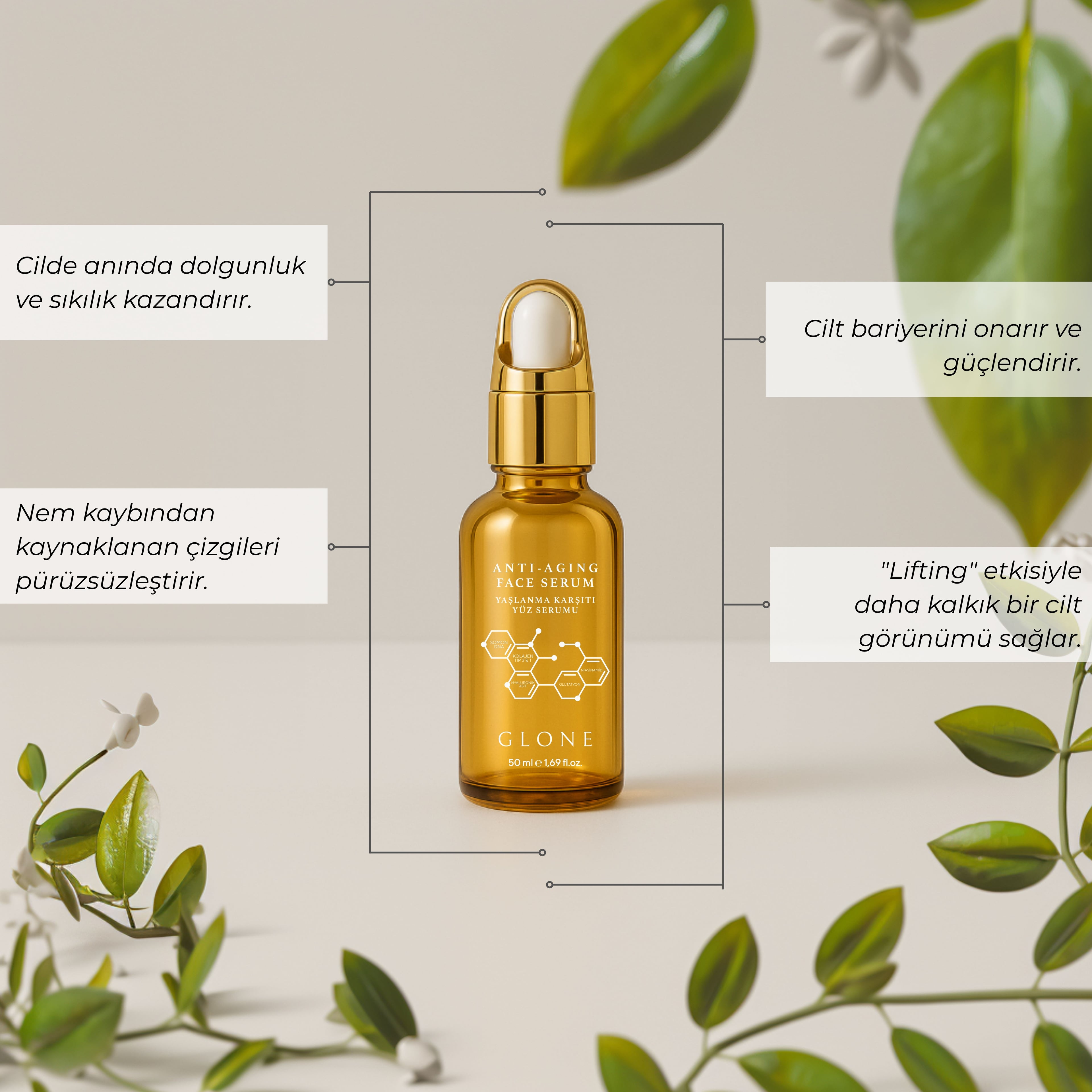 Anti Aging Yüz Serumu 50 ml | Kol I&III+Glutatyon+Somon DNA - Niasinamid+HA ile Kırışık/Leke Karşıtı