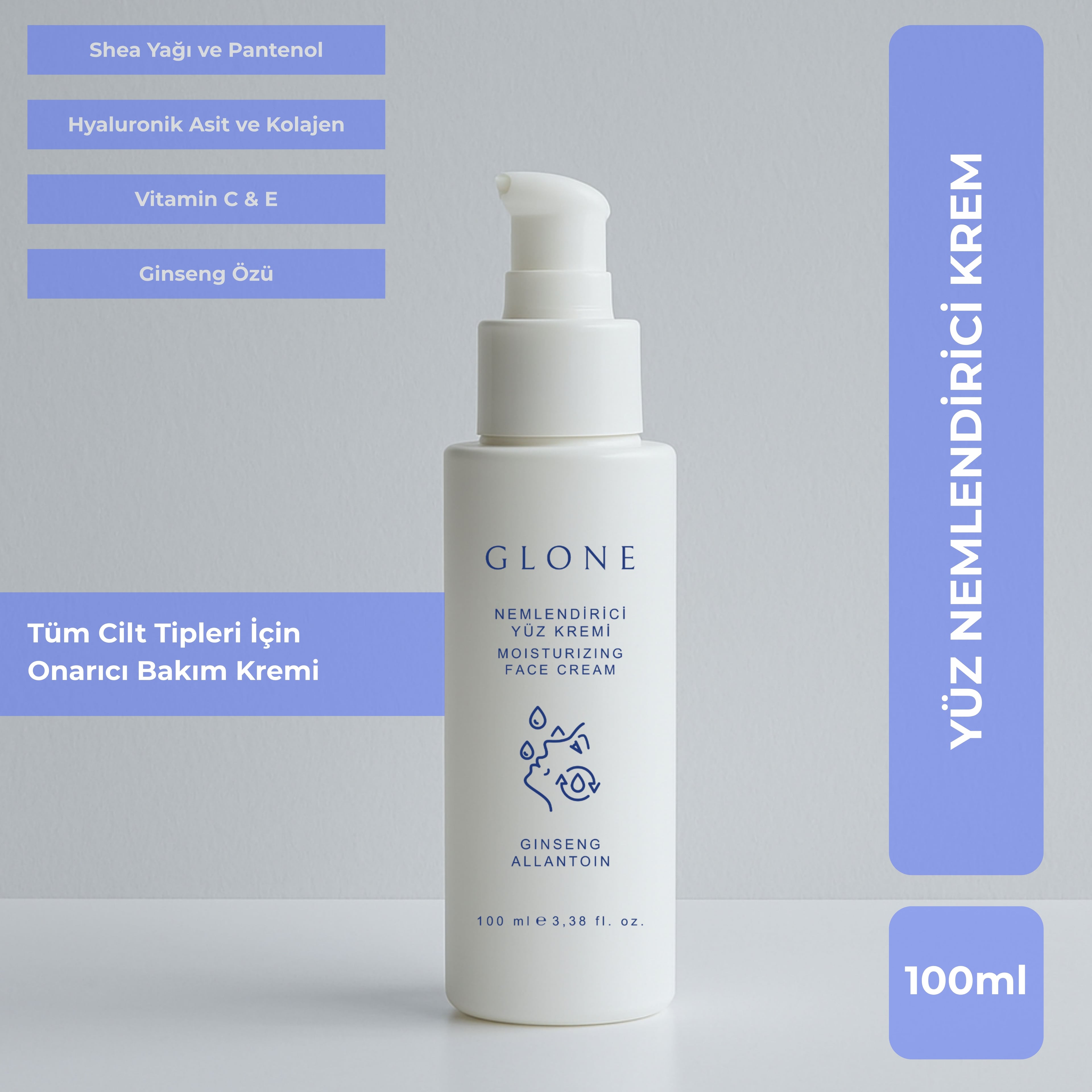 GLONE Nemlendirici Yüz Kremi 100ml | Ginseng, Allantoin & Hyaluronik Asit İçeren Yoğun Nemlendirici | Tüm Cilt Tipleri İçin Onarıcı Bakım