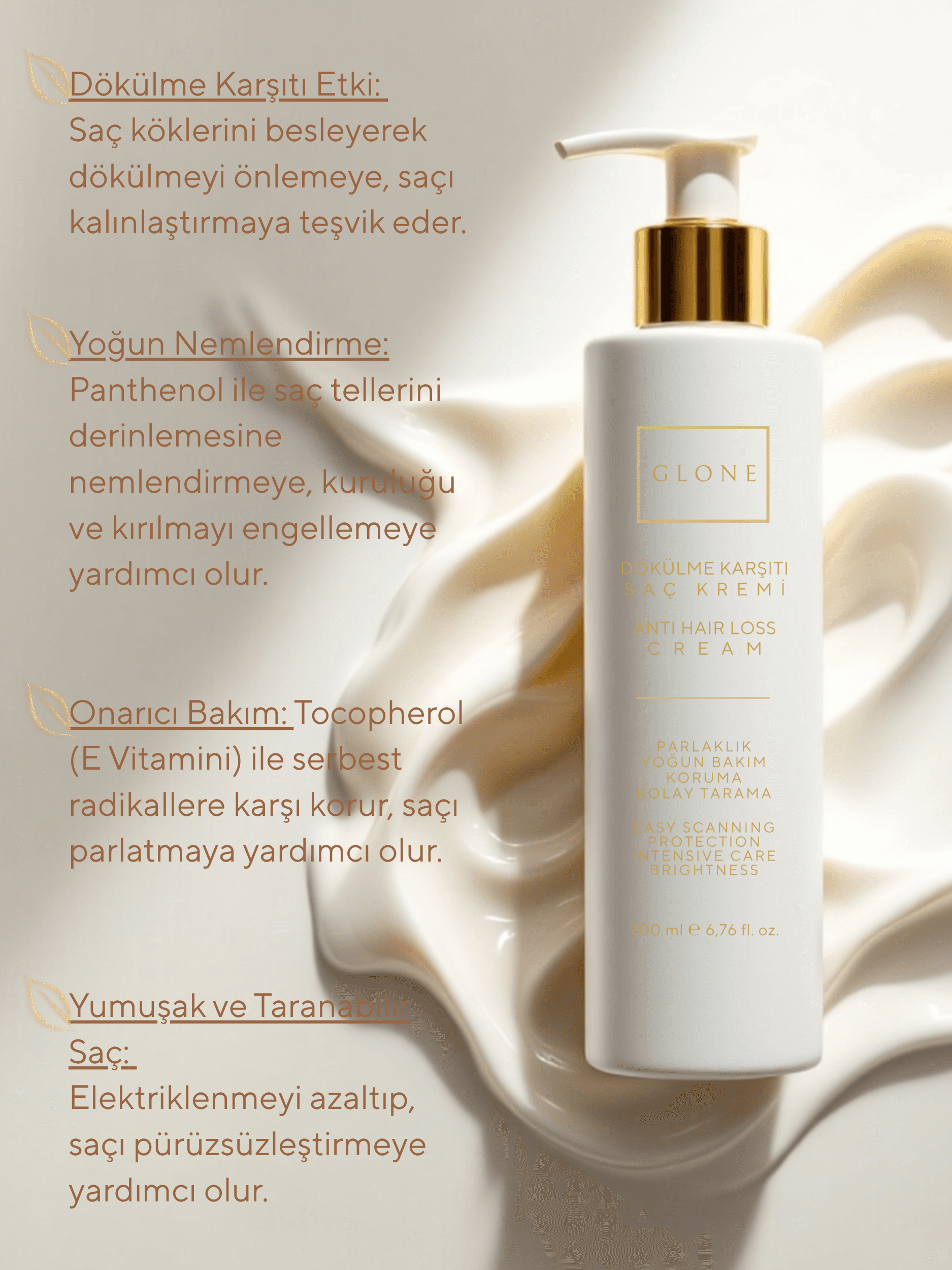GLONE Dökülme Karşıtı Saç Kremi | Panthenol, Tocopherol & Behentrimonium Chloride İçerik - Saç Dökülmesini Önleyici, Yoğun Nemlendirme ve Onarıcı Bakım 200 ml