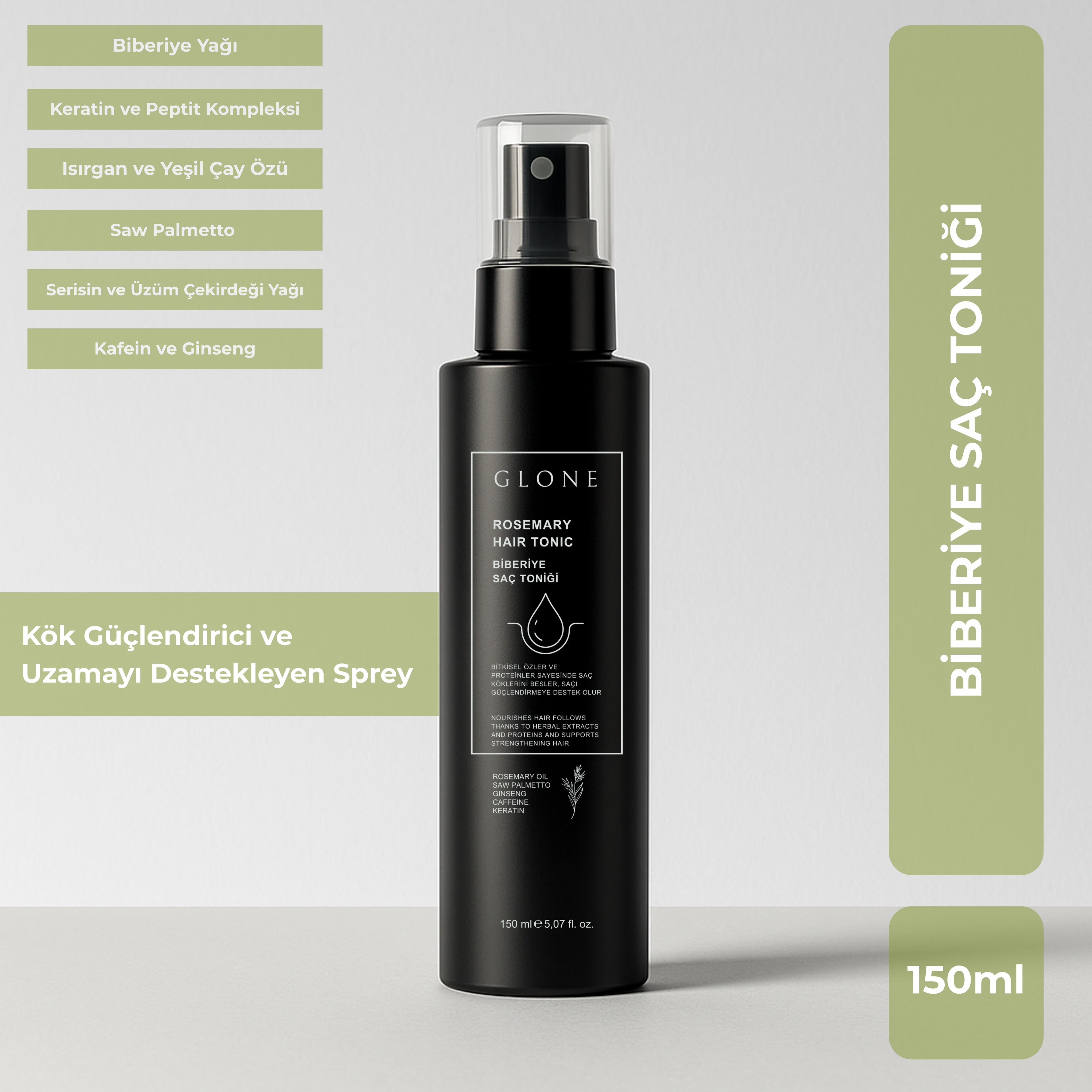 GLONE Biberiye Saç Toniği 150ml | Biberiye Yağı, Keratin & Kafein İçeren Saç Dökülmesi Karşıtı Tonik | Ginseng ve Cüce Palmiye ile Saç Uzatma & Güçlendirme
