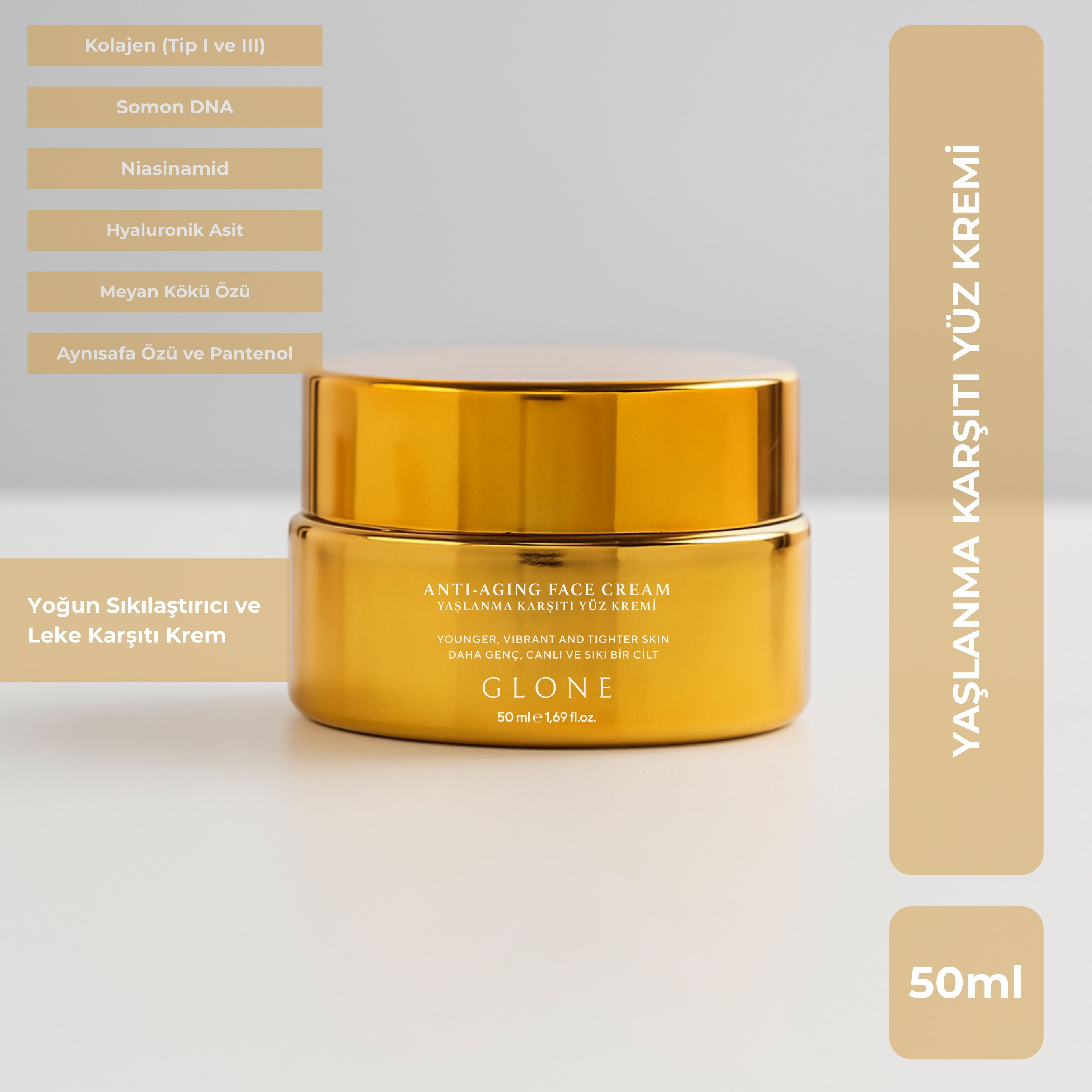 Anti Aging Kolajen Krem 50ml | Kollajen I&III+Somon DNA&Niasinamid-Sıkılık+Nem+Işıltı | HA&Calendula