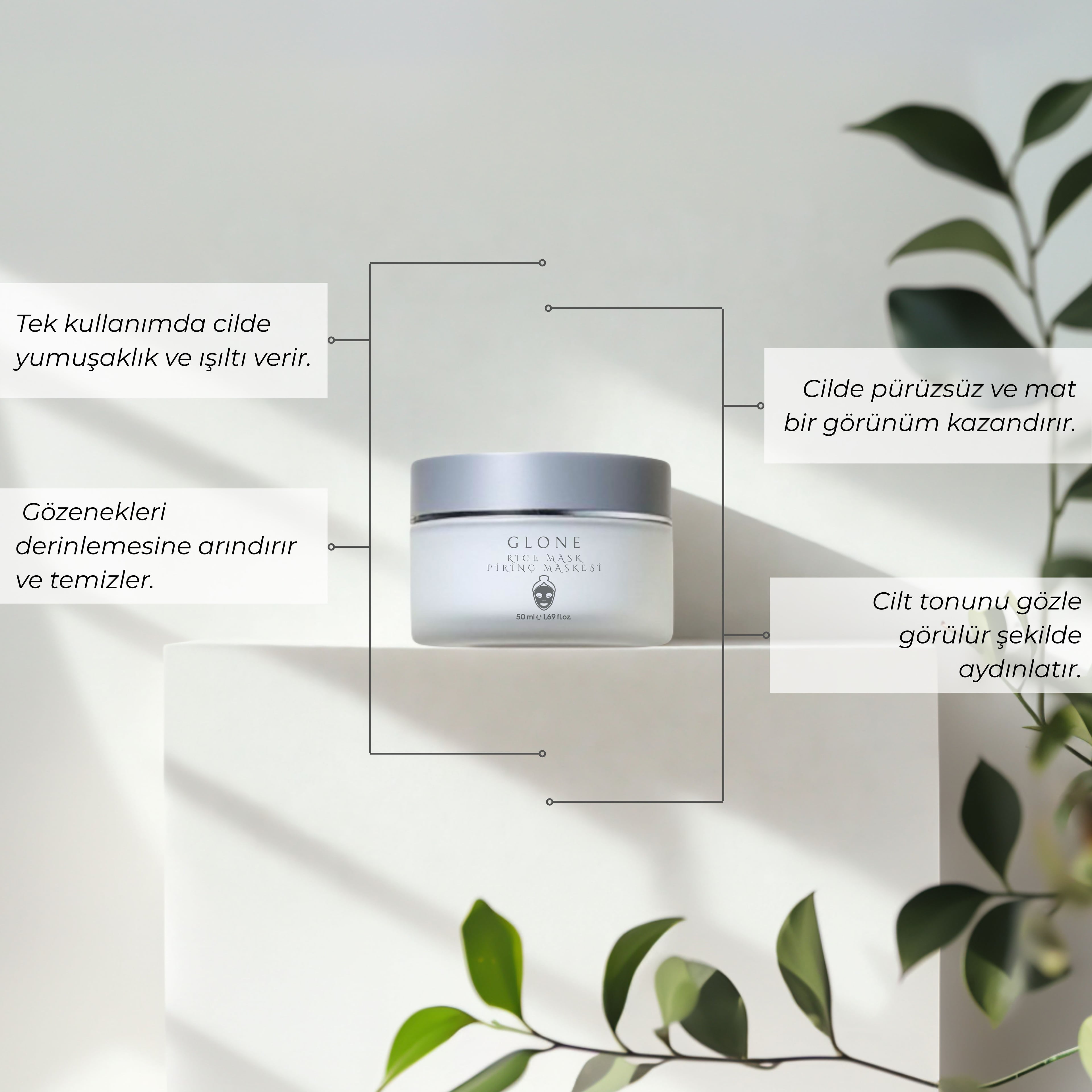 GLONE Pirinç Maskesi 50ml | Glycolic Acid, Panthenol & Oryza Sativa İçeren Arındırıcı ve Aydınlatıcı Maske | Tüm Ciltler İçin Parlaklık ve Detoks