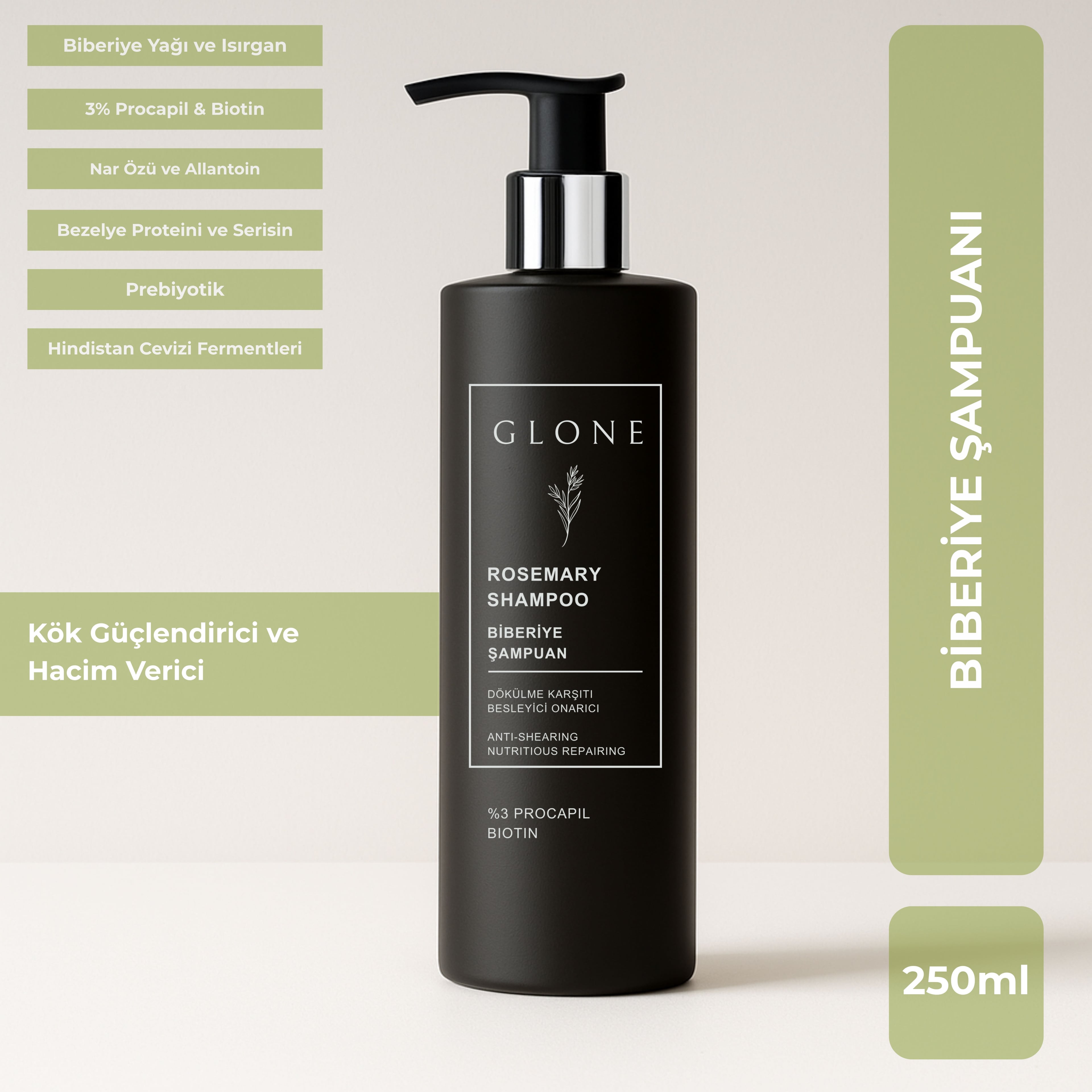 GLONE Biberiye Şampuan 250ml | %3 Procapil + Biotin İçeren Saç Dökülmesi Karşıtı & Güçlendirici Şampuan | Bitkisel Formül ile Saç Uzatma ve Nem Dengesi