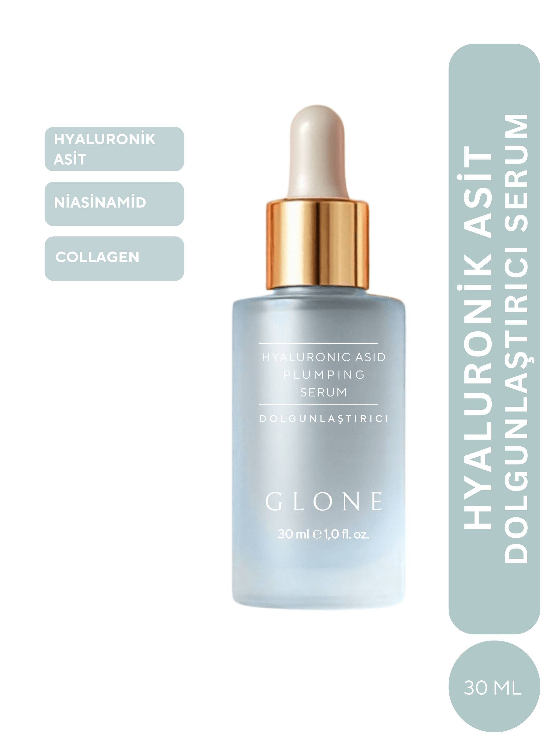 GLONE Hyaluronik Asit Dolgunlaştırıcı Serum 30ml | Collagen, Niacinamide & Panthenol İçeren Yoğun Nem ve Dolgunluk Serumu | Cilt Sıkılaştırma ve Işıltı