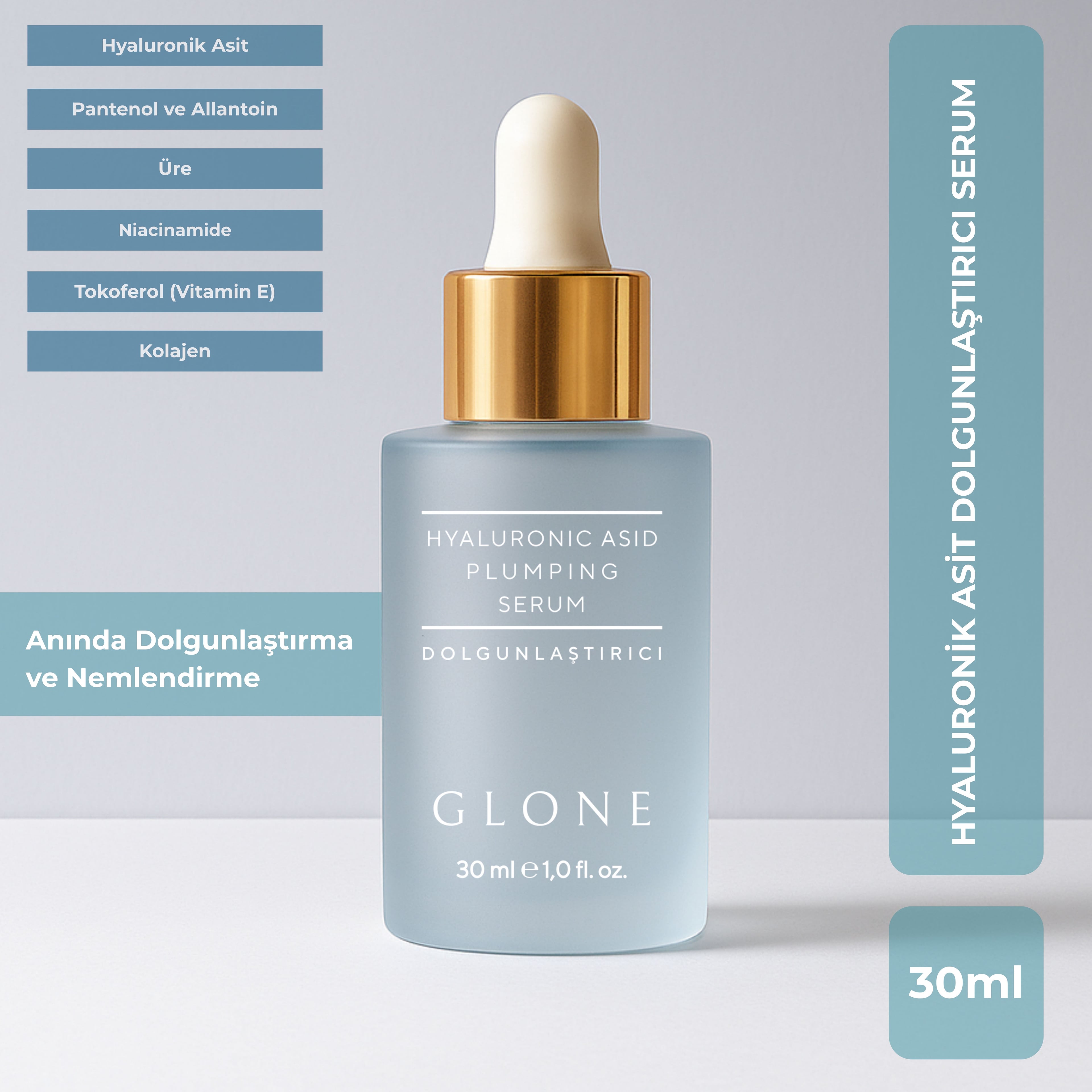 GLONE Hyaluronik Asit Dolgunlaştırıcı Serum 30ml | Collagen, Niacinamide & Panthenol İçeren Yoğun Nem ve Dolgunluk Serumu | Cilt Sıkılaştırma ve Işıltı