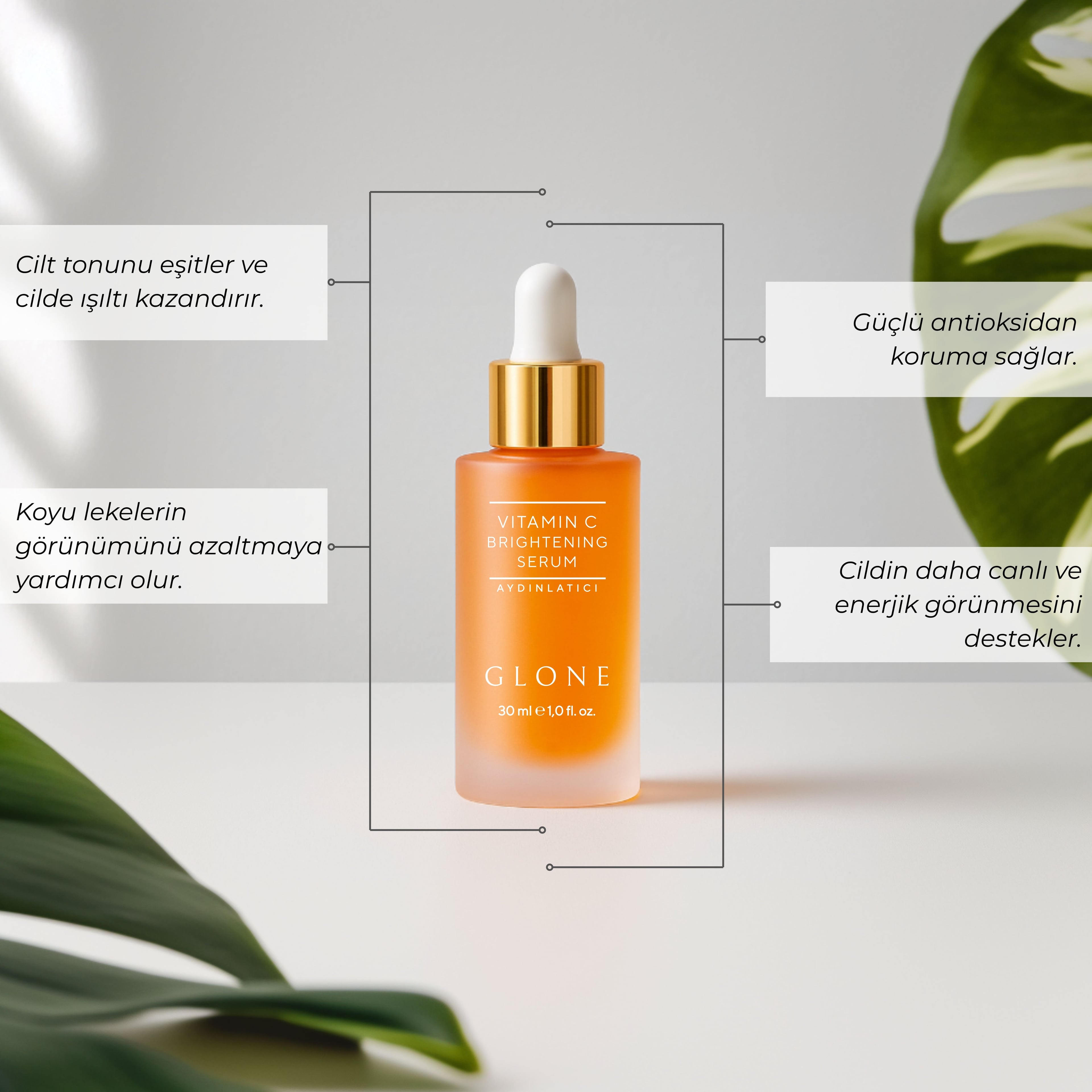 GLONE Vitamin C Aydınlatıcı Serum 30ml | Ethyl Ascorbic Acid, Hyaluronik Asit & Centella İçeren Cilt Aydınlatıcı Serum | Leke Karşıtı & Antioksidan Koruma