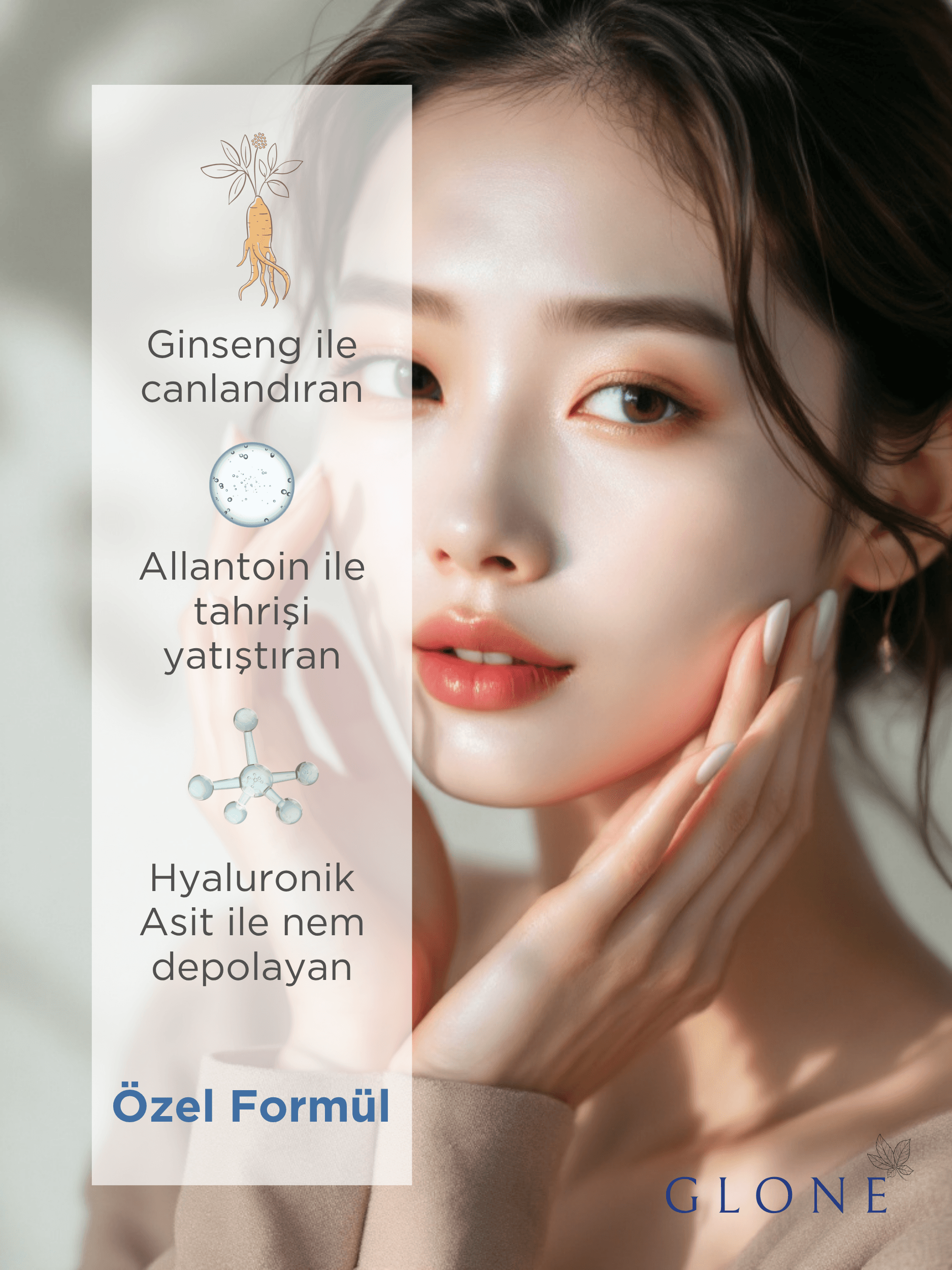 GLONE Nemlendirici Yüz Kremi 100ml | Ginseng, Allantoin & Hyaluronik Asit İçeren Yoğun Nemlendirici | Tüm Cilt Tipleri İçin Onarıcı Bakım