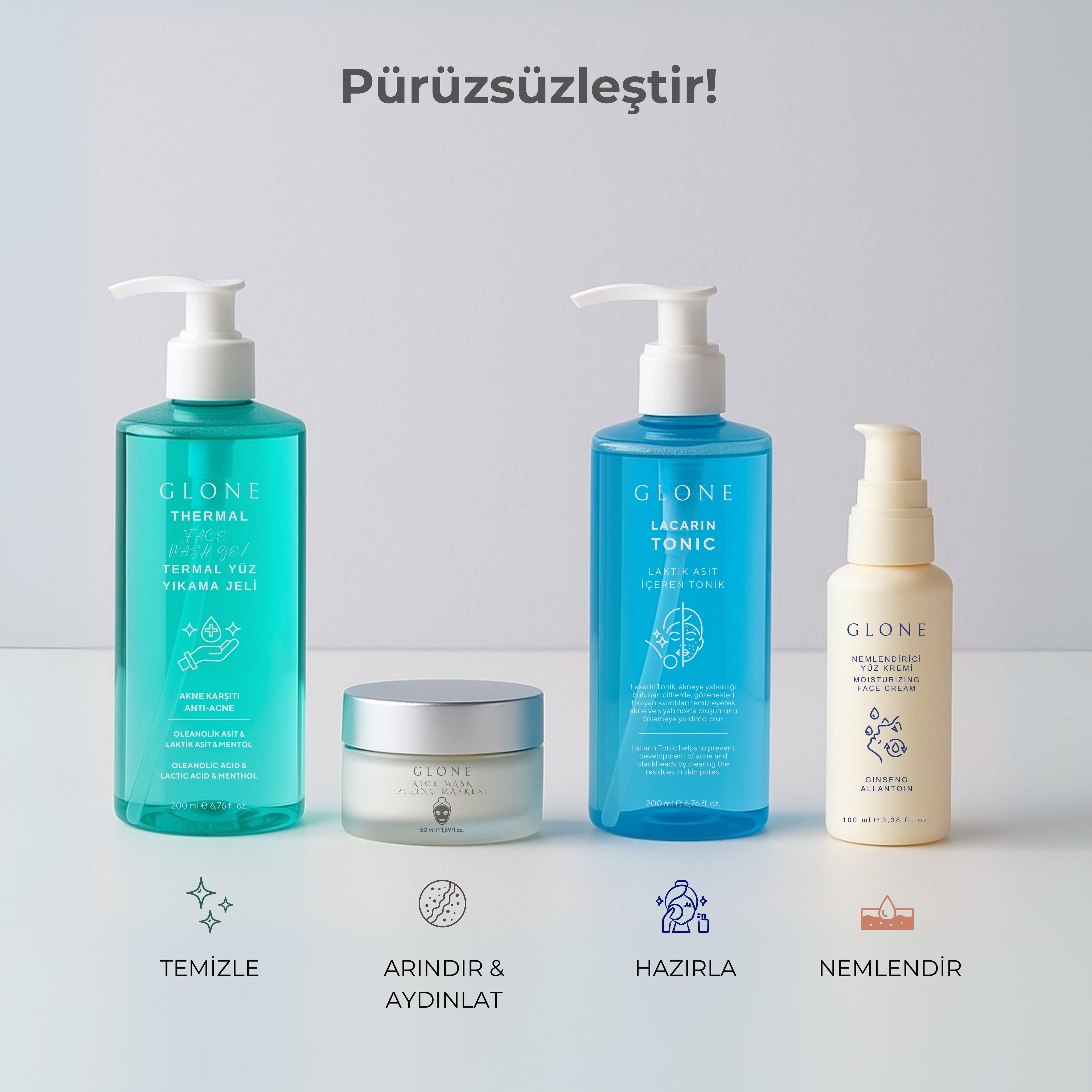 GLONE Pirinç Maskesi 50ml | Glycolic Acid, Panthenol & Oryza Sativa İçeren Arındırıcı ve Aydınlatıcı Maske | Tüm Ciltler İçin Parlaklık ve Detoks