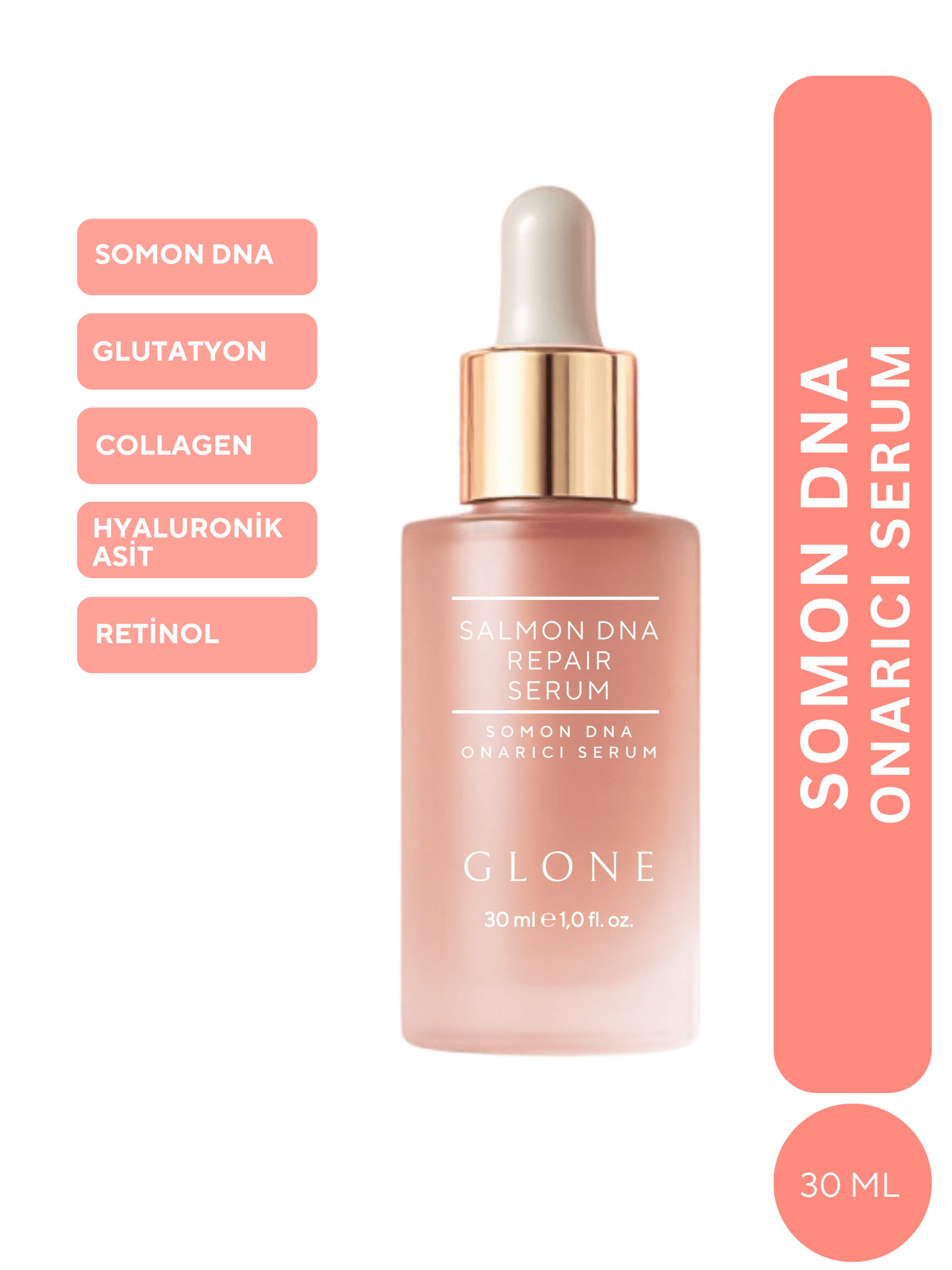 GLONE Somon DNA Onarıcı Serum 30ml | Somon DNA, Collagen & Hyaluronik Asit İçeren Anti-Aging Serum | Kırışıklık Onarımı ve Cilt Yenileme