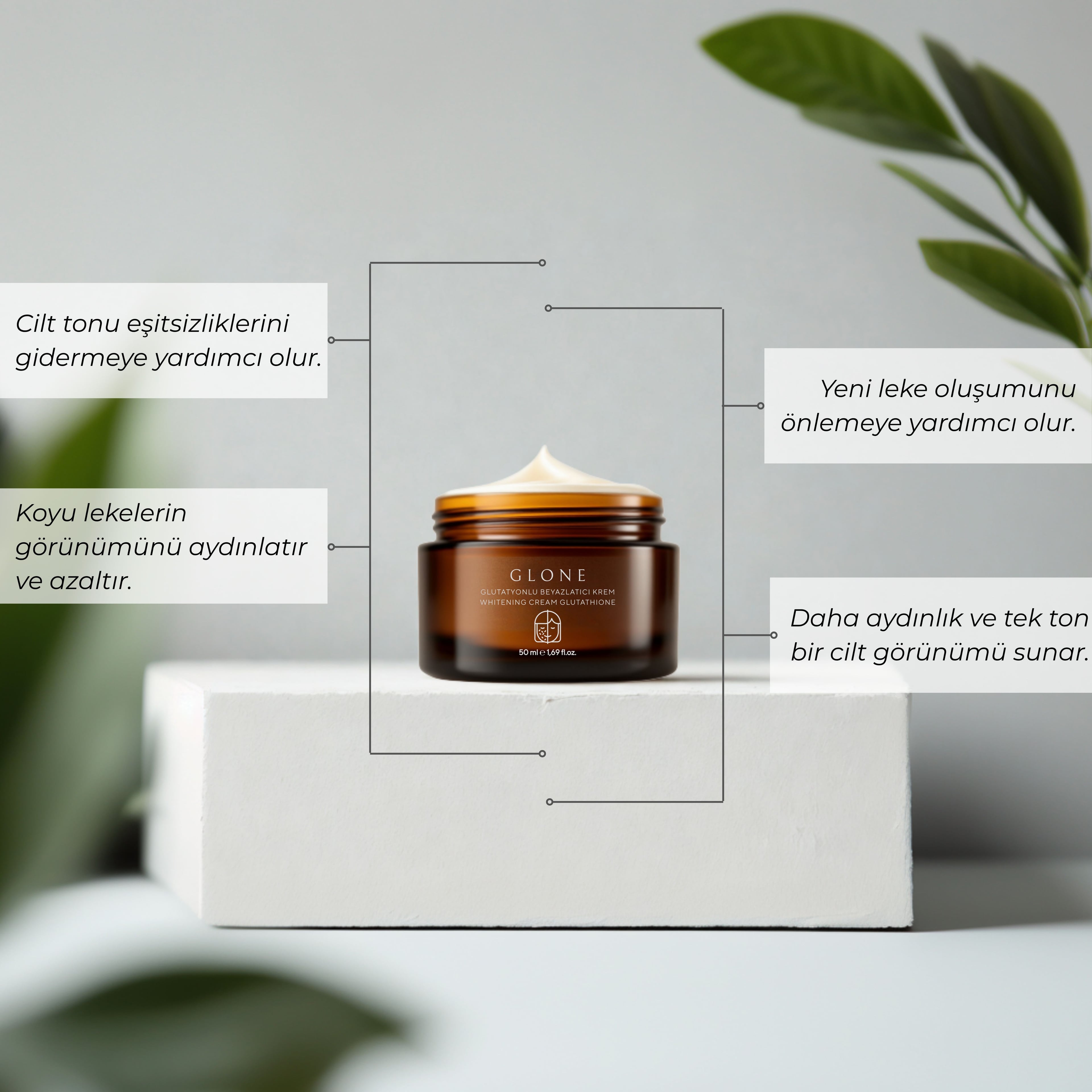 GLONE Glutatyonlu Beyazlatıcı Krem | Niacinamide, Glikolik Asit & Alpha Arbutin İçerikli - Cilt Beyazlatma, Leke Karşıtı ve Parlaklık Sağlayan Bakım 50 ml | Shea Yağı & Panthenol ile Nemlendirici