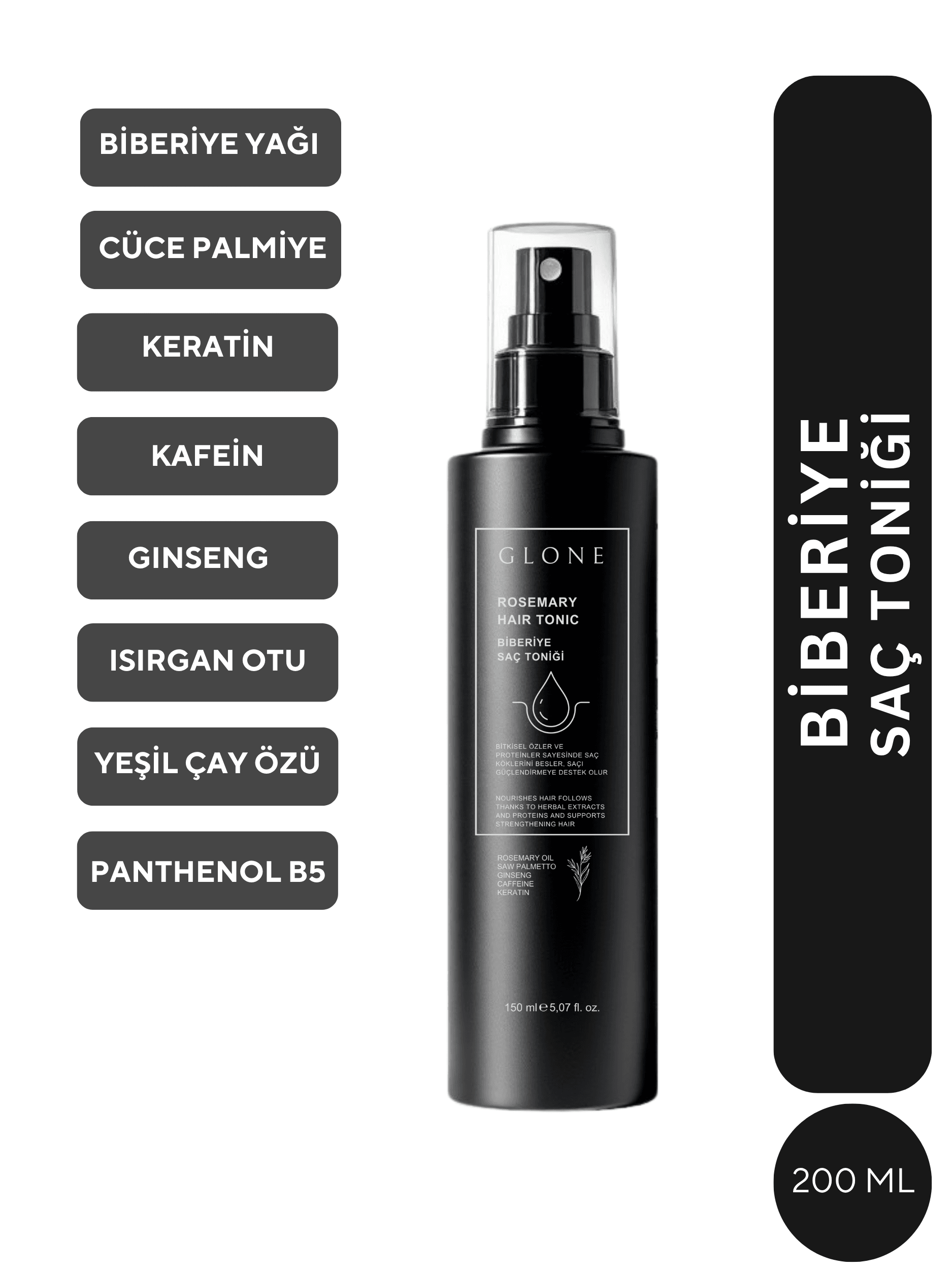 GLONE Biberiye Saç Toniği 150ml | Biberiye Yağı, Keratin & Kafein İçeren Saç Dökülmesi Karşıtı Tonik | Ginseng ve Cüce Palmiye ile Saç Uzatma & Güçlendirme