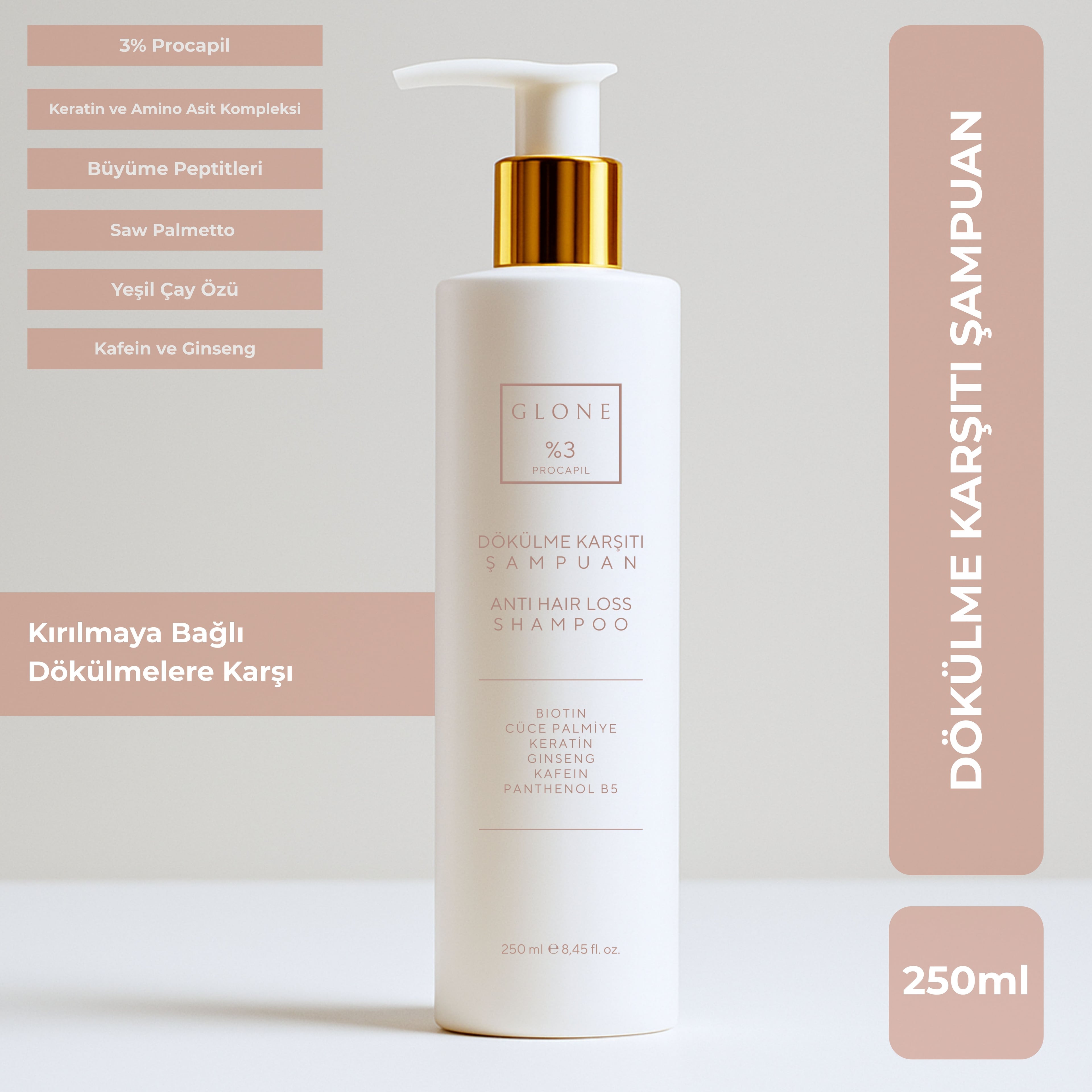 GLONE Anti Hair Loss Shampoo %3 Procapil Dökülme Karşıtı Şampuan 250ml – Biotinli, Keratinli, Ginseng & Kafein İçerikli, Tüm Saç Tipleri İçin
