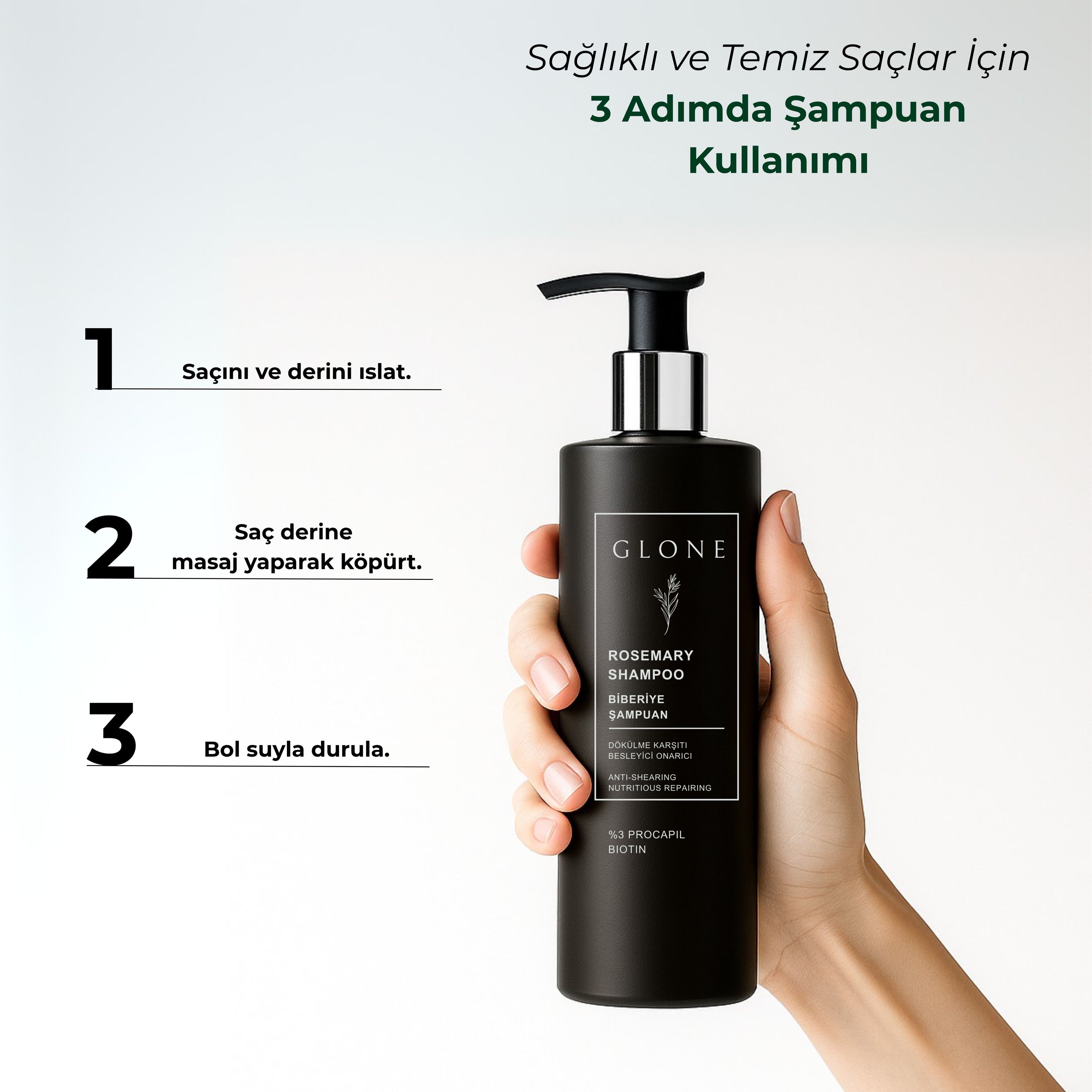GLONE Biberiye Şampuan 250ml | %3 Procapil + Biotin İçeren Saç Dökülmesi Karşıtı & Güçlendirici Şampuan | Bitkisel Formül ile Saç Uzatma ve Nem Dengesi