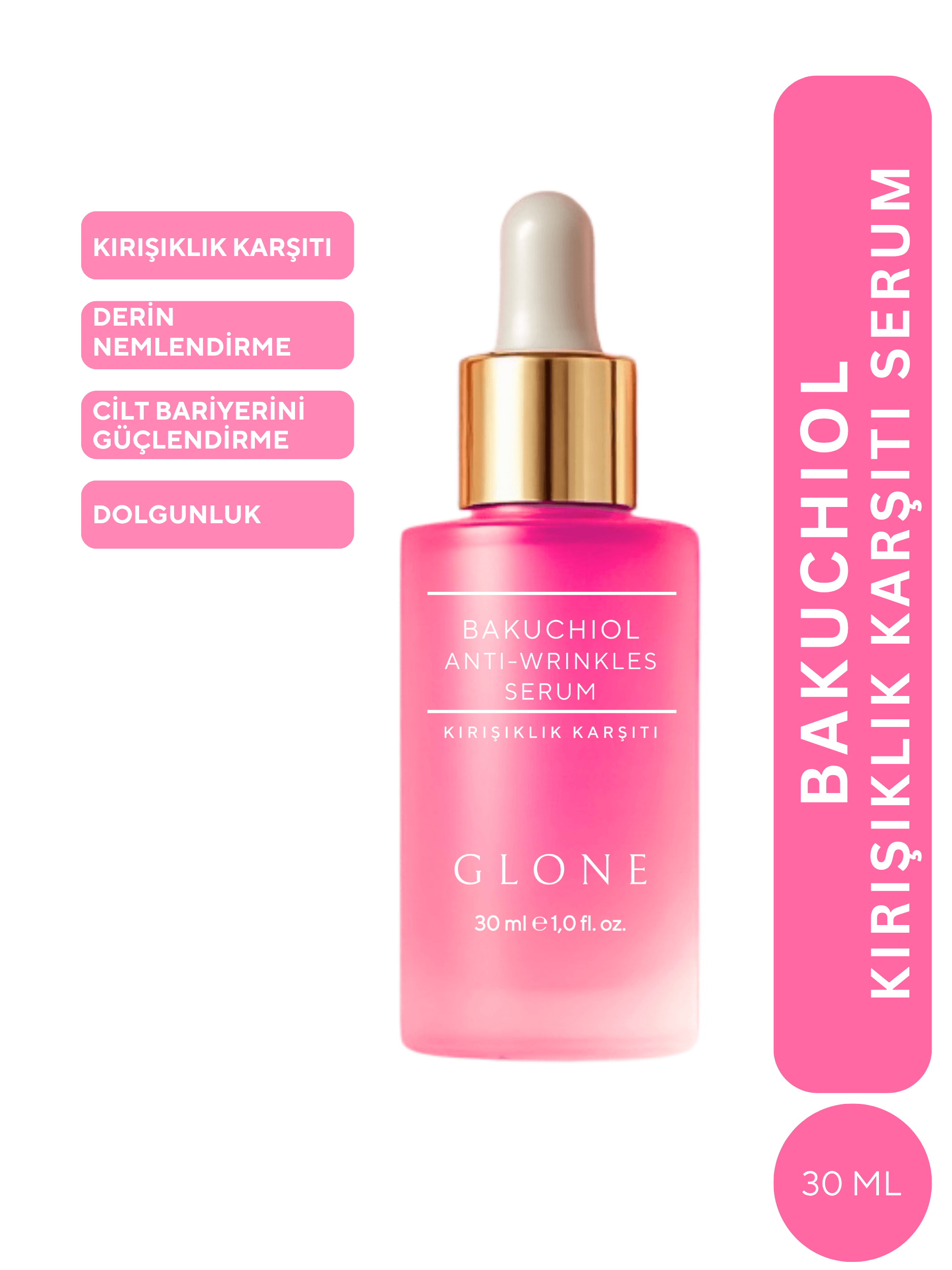 GLONE Bakuchiol Kırışıklık Karşıtı Serum 30ml | Bakuchiol, Hyaluronik Asit & Centella Asiatica İçeren Kırışıklık Karşıtı Serum | Doğal Retinol Alternatifi | Cilt Sıkılaştırma ve Nem