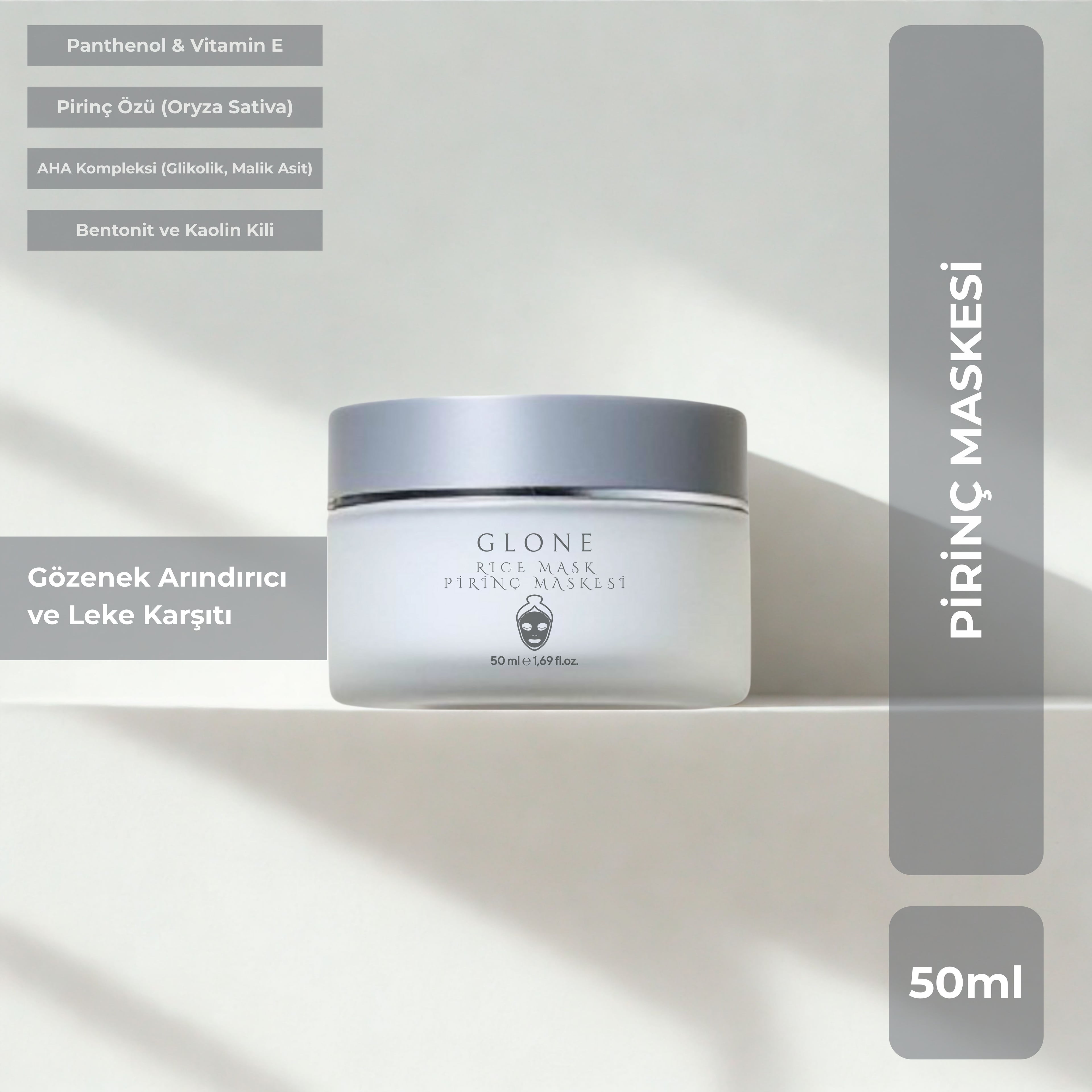 GLONE Pirinç Maskesi 50ml | Glycolic Acid, Panthenol & Oryza Sativa İçeren Arındırıcı ve Aydınlatıcı Maske | Tüm Ciltler İçin Parlaklık ve Detoks