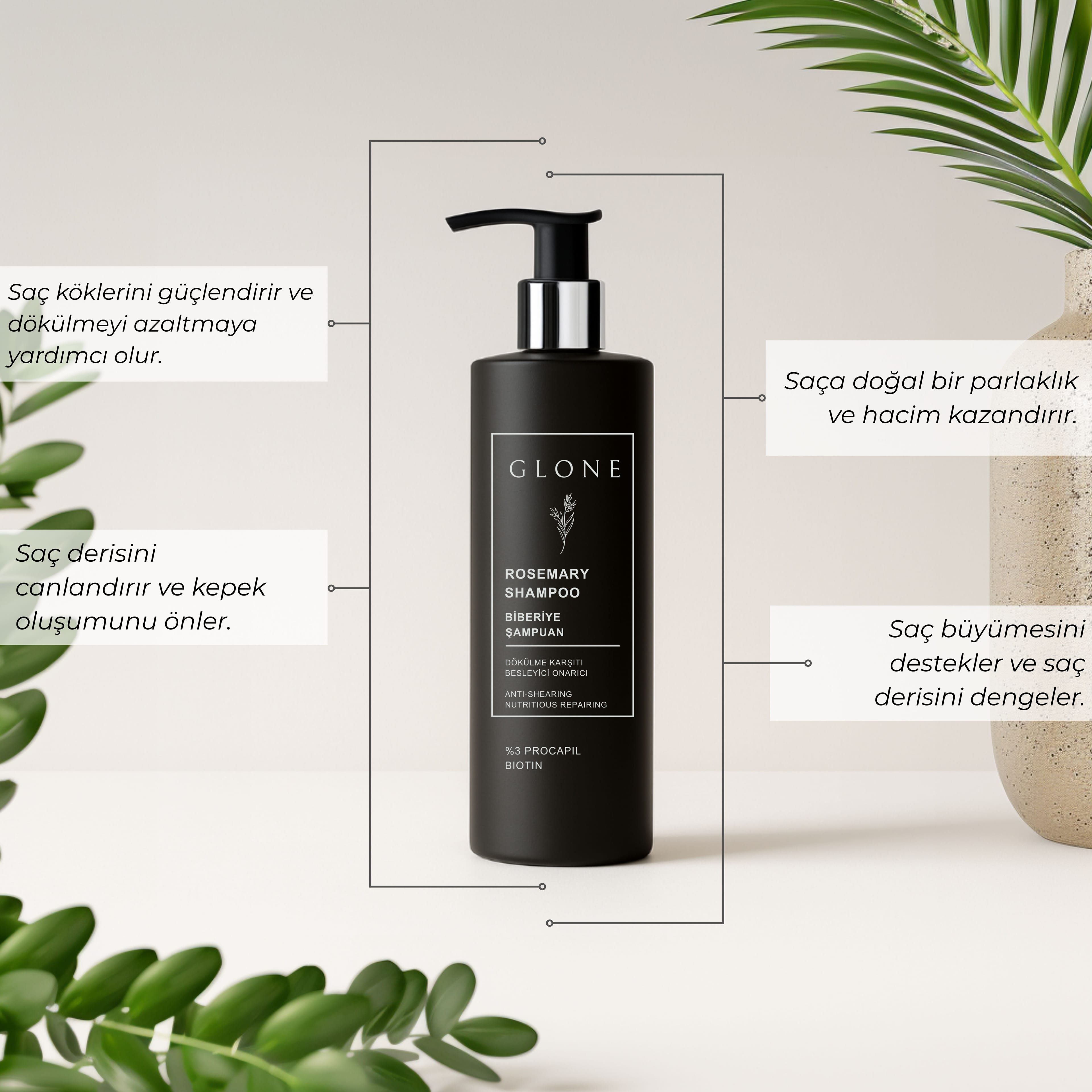 GLONE Biberiye Şampuan 250ml | %3 Procapil + Biotin İçeren Saç Dökülmesi Karşıtı & Güçlendirici Şampuan | Bitkisel Formül ile Saç Uzatma ve Nem Dengesi