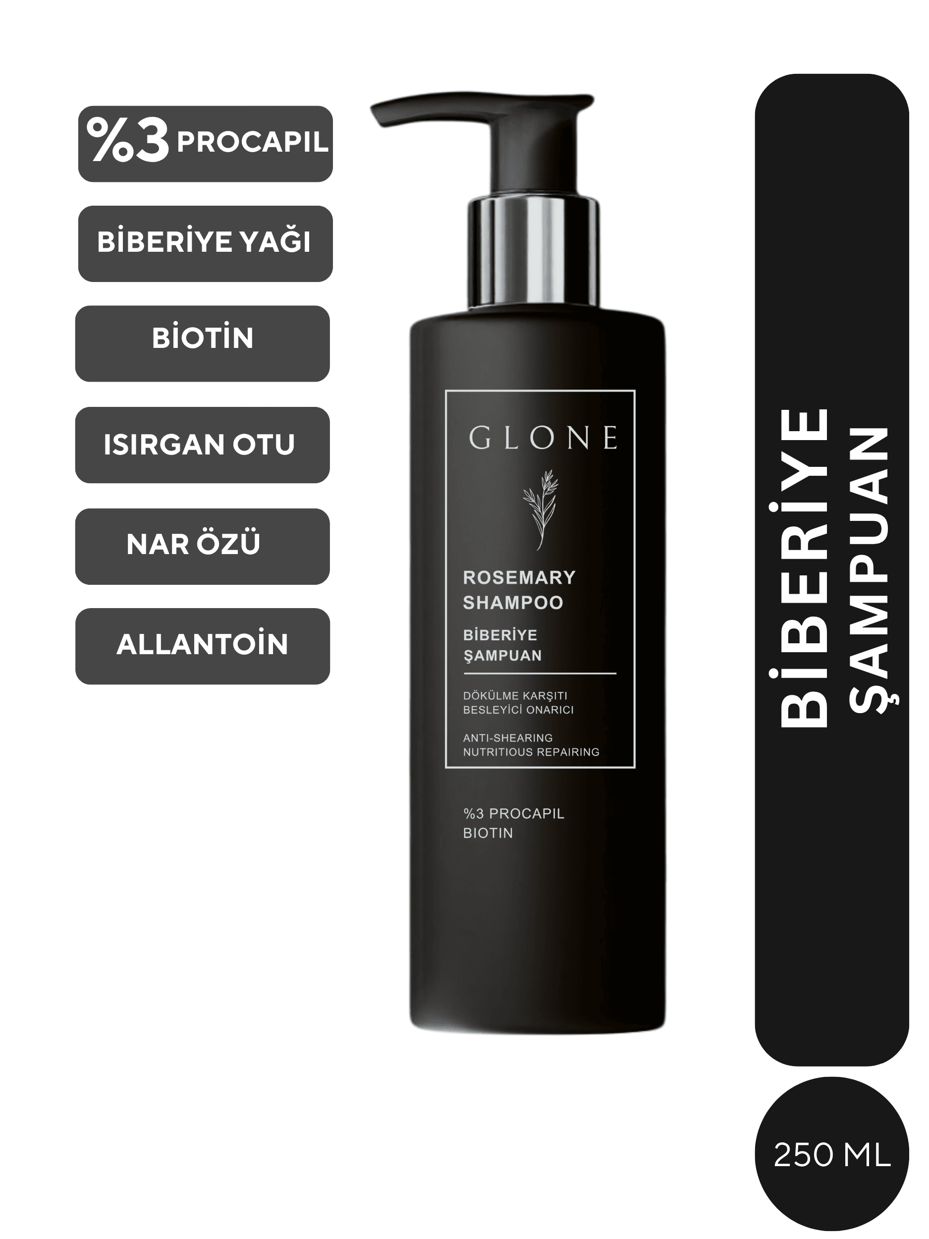 GLONE Biberiye Şampuan 250ml | %3 Procapil + Biotin İçeren Saç Dökülmesi Karşıtı & Güçlendirici Şampuan | Bitkisel Formül ile Saç Uzatma ve Nem Dengesi