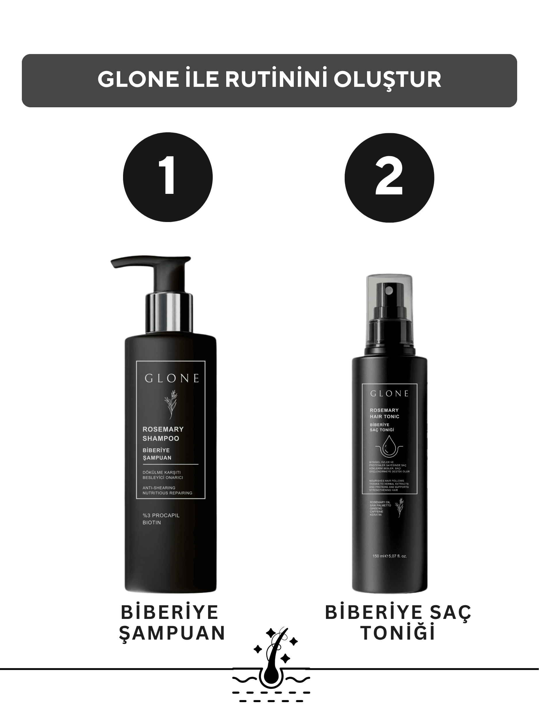 GLONE Biberiye Şampuan 250ml | %3 Procapil + Biotin İçeren Saç Dökülmesi Karşıtı & Güçlendirici Şampuan | Bitkisel Formül ile Saç Uzatma ve Nem Dengesi