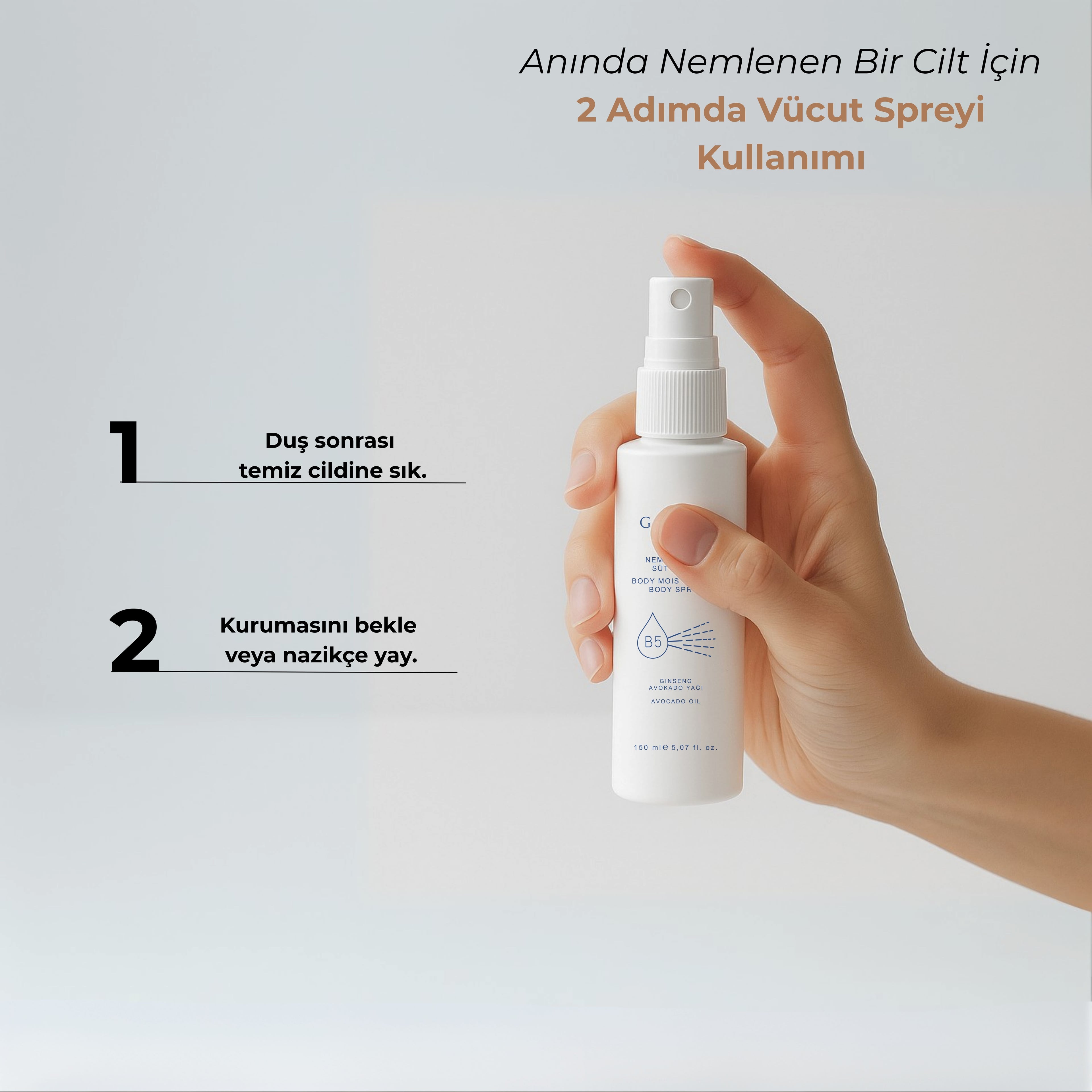 GLONE Vücut Nemlendirici Süt Sprey 150ml | Hyaluronik Asit, Panthenol & Squalane İçeren Yoğun Nemlendirici | Tüm Cilt Tipleri İçin İdeal Bakım