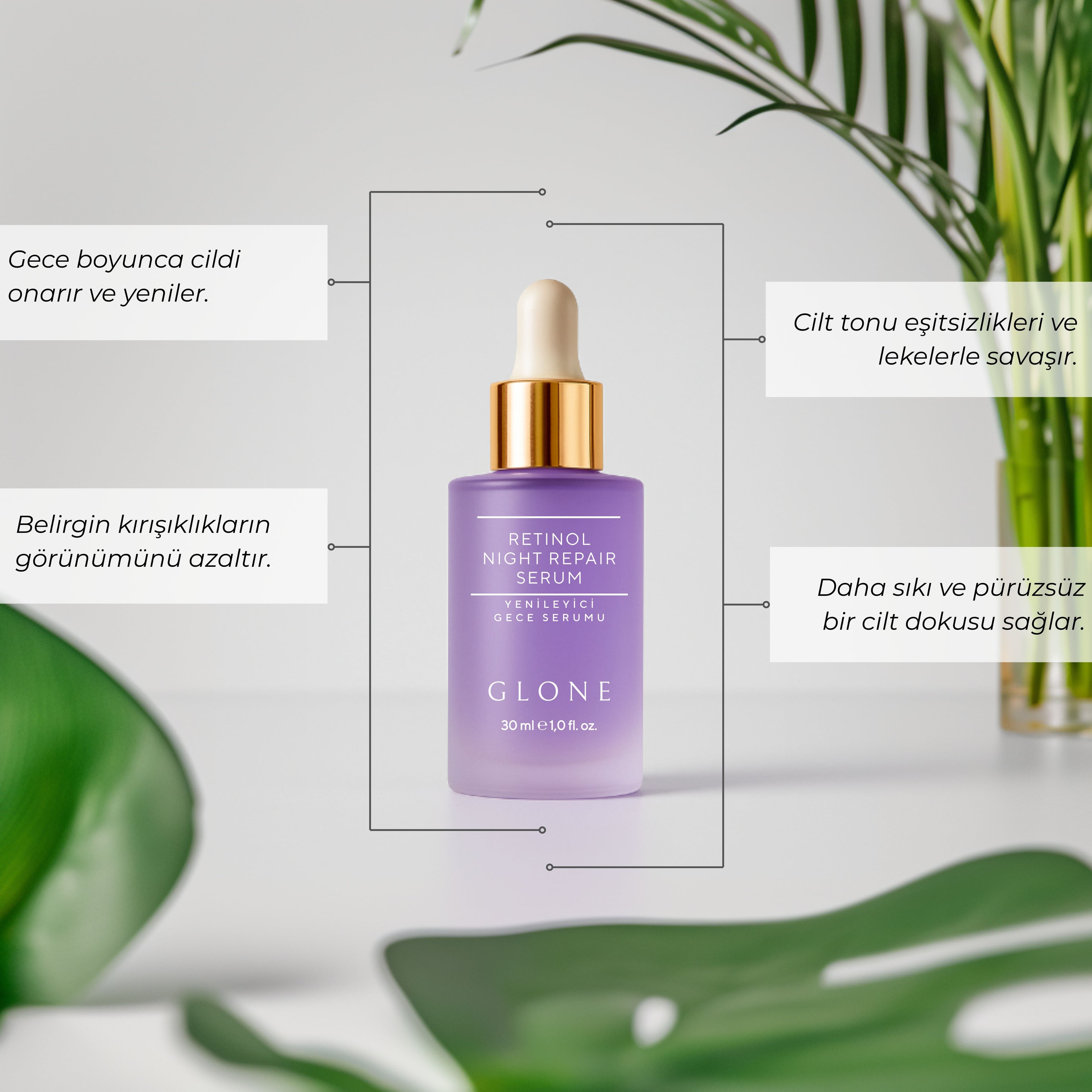 GLONE Retinol Yenileyici Gece Serumu 30ml | Retinol, Niacinamide & Hyaluronik Asit İçeren Anti-Aging Serum | Kırışıklık Karşıtı ve Nem Dengesi