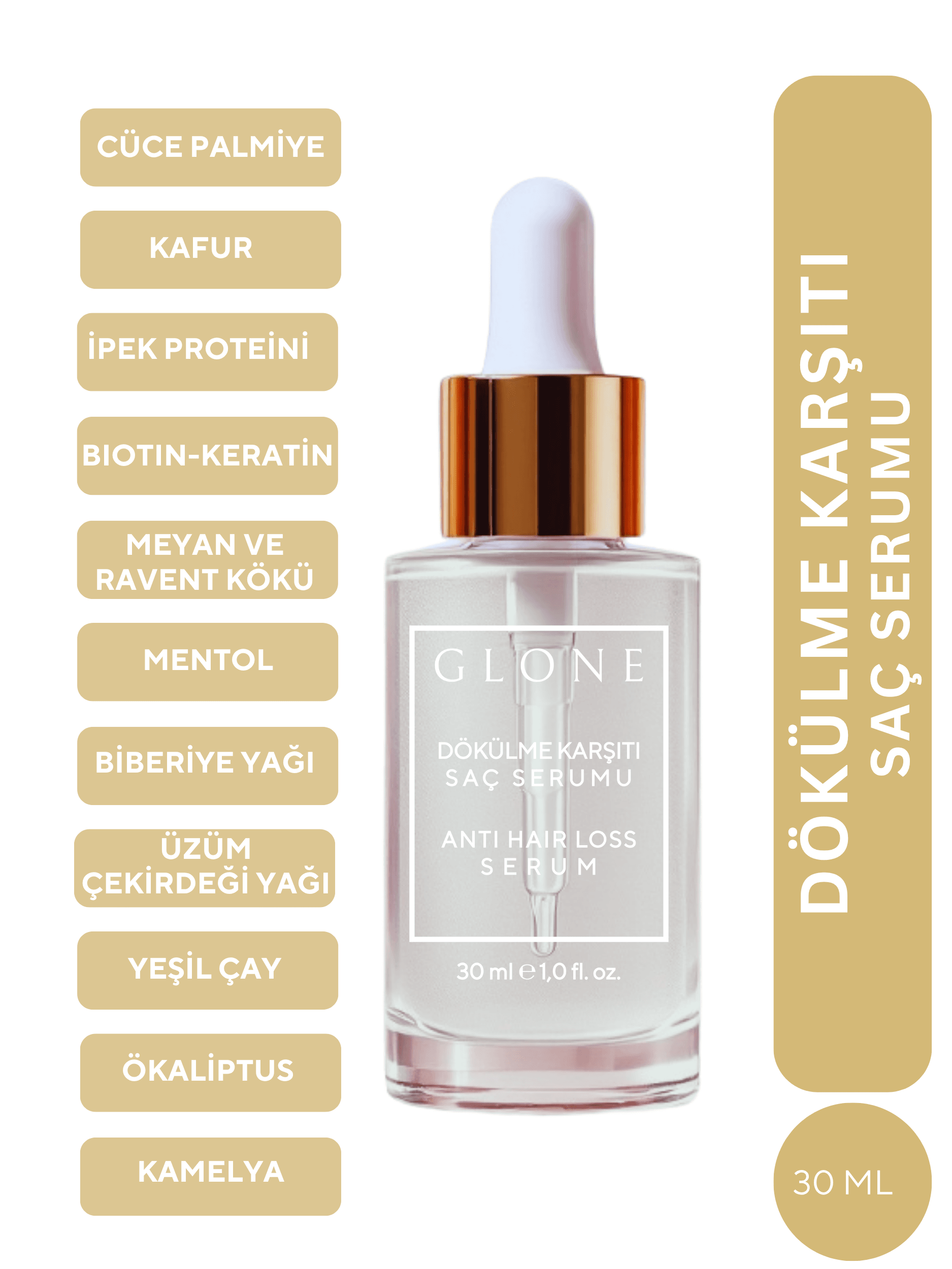 GLONE Dökülme Karşıtı Saç Serumu | Biotin, Keratin, Kafur & Mentol İçerikli - Saç Köklerini Güçlendirir, Dökülmeyi Önler 30 ml | Yeşil Çay, Biberiye Yağı & İpek Proteini ile Onarım
