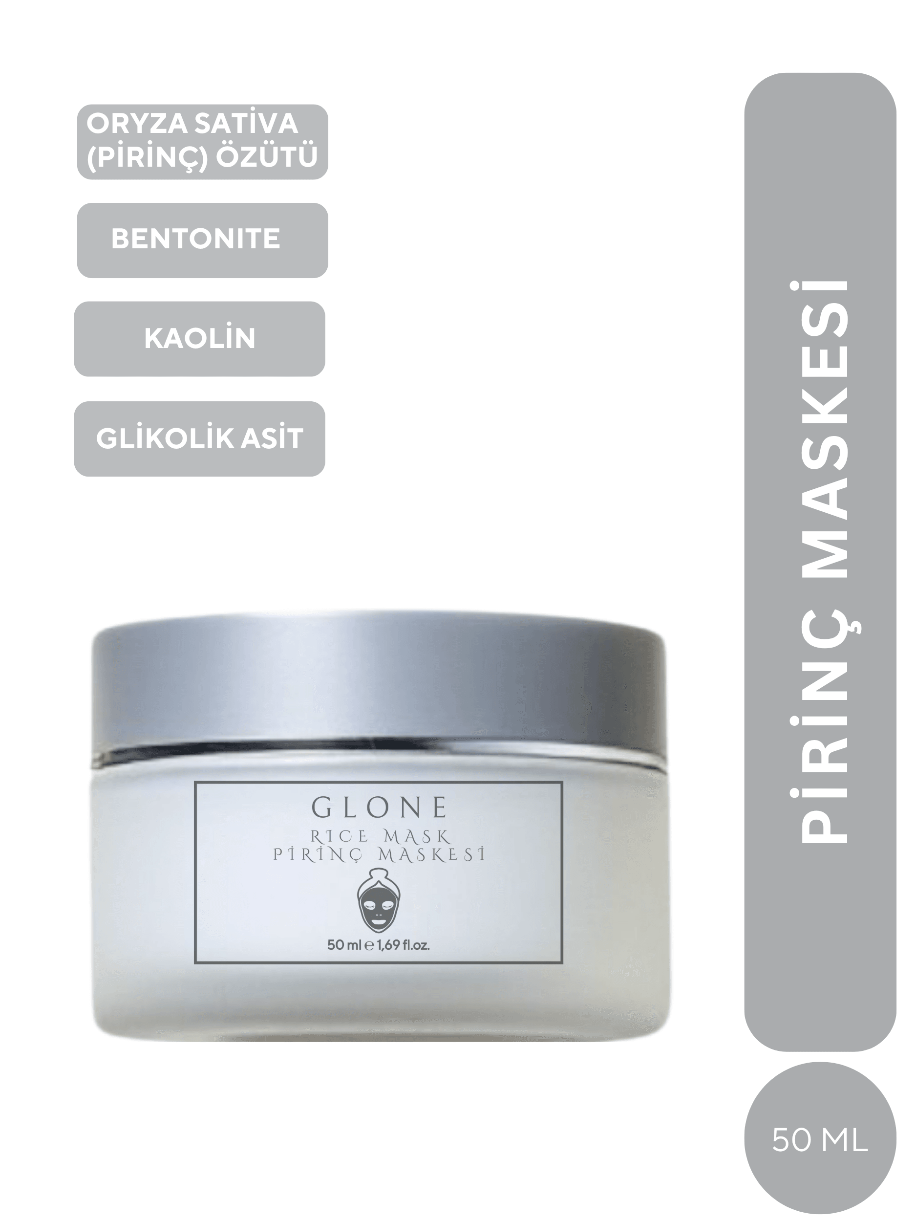 GLONE Pirinç Maskesi 50ml | Glycolic Acid, Panthenol & Oryza Sativa İçeren Arındırıcı ve Aydınlatıcı Maske | Tüm Ciltler İçin Parlaklık ve Detoks