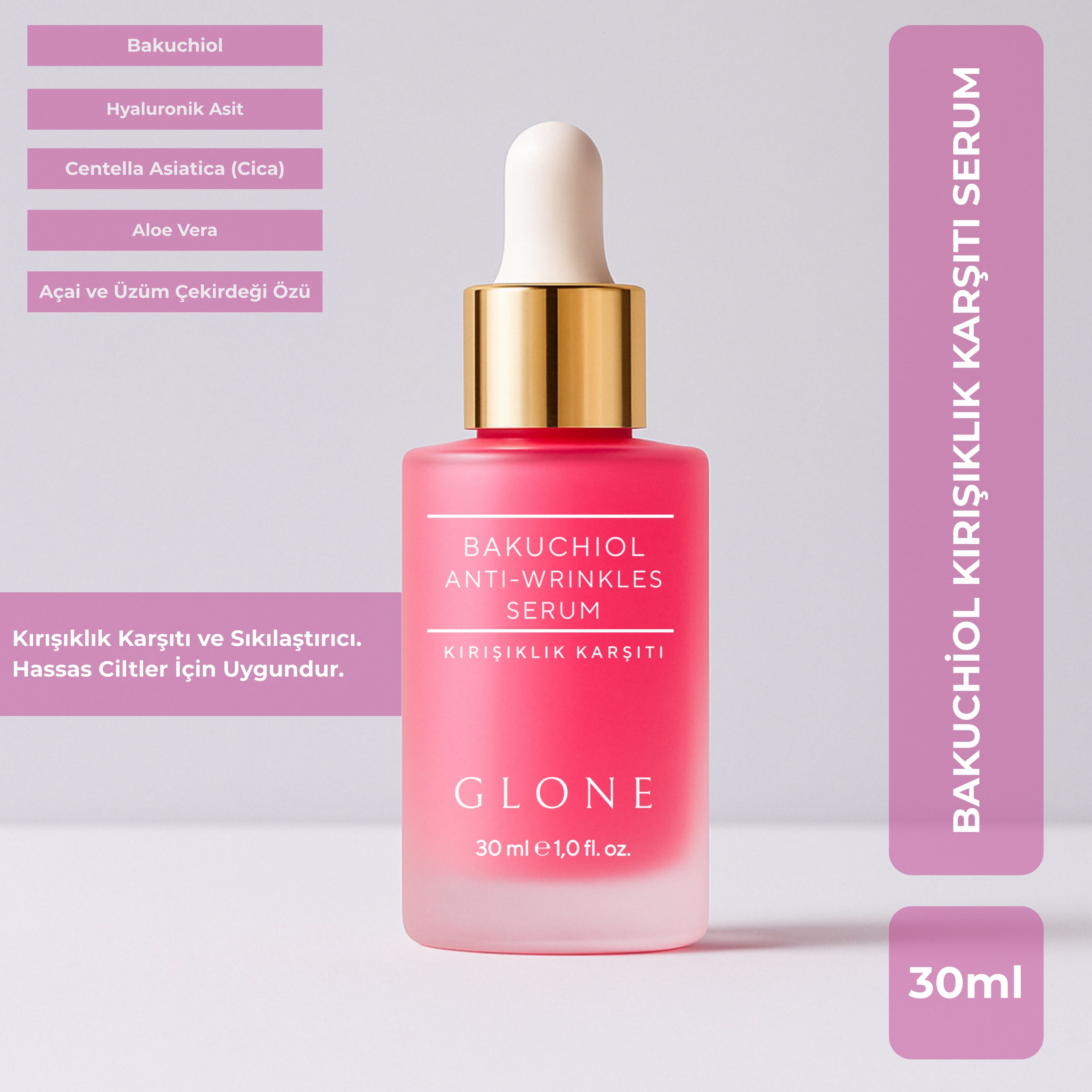 GLONE Bakuchiol Kırışıklık Karşıtı Serum 30ml | Bakuchiol, Hyaluronik Asit & Centella Asiatica İçeren Kırışıklık Karşıtı Serum | Doğal Retinol Alternatifi | Cilt Sıkılaştırma ve Nem