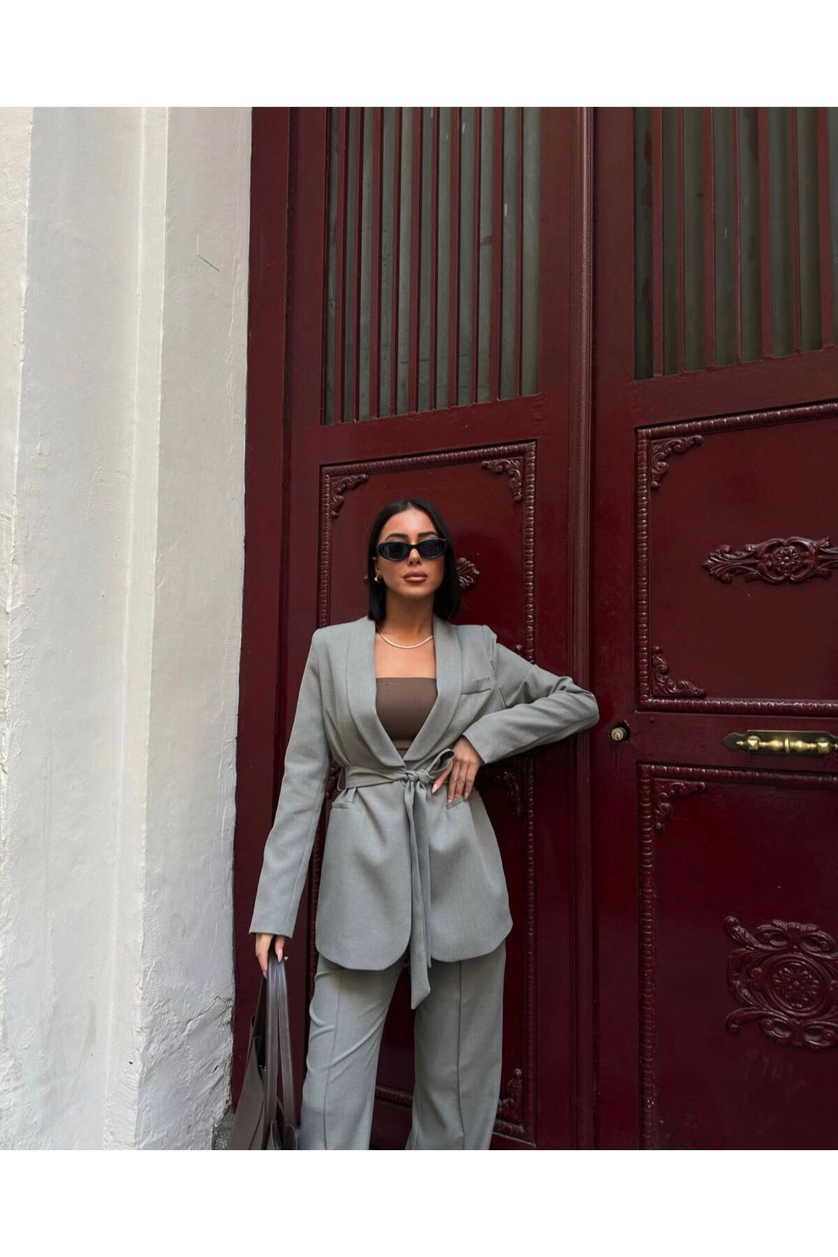 HG Yeşil Kemerli Ceket Palazzo Pantalon Takımı