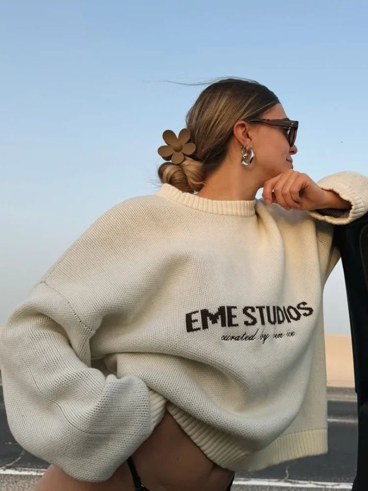 Kadın Örme Kumaş Rahat Kesim Baskılı Triko Kazak