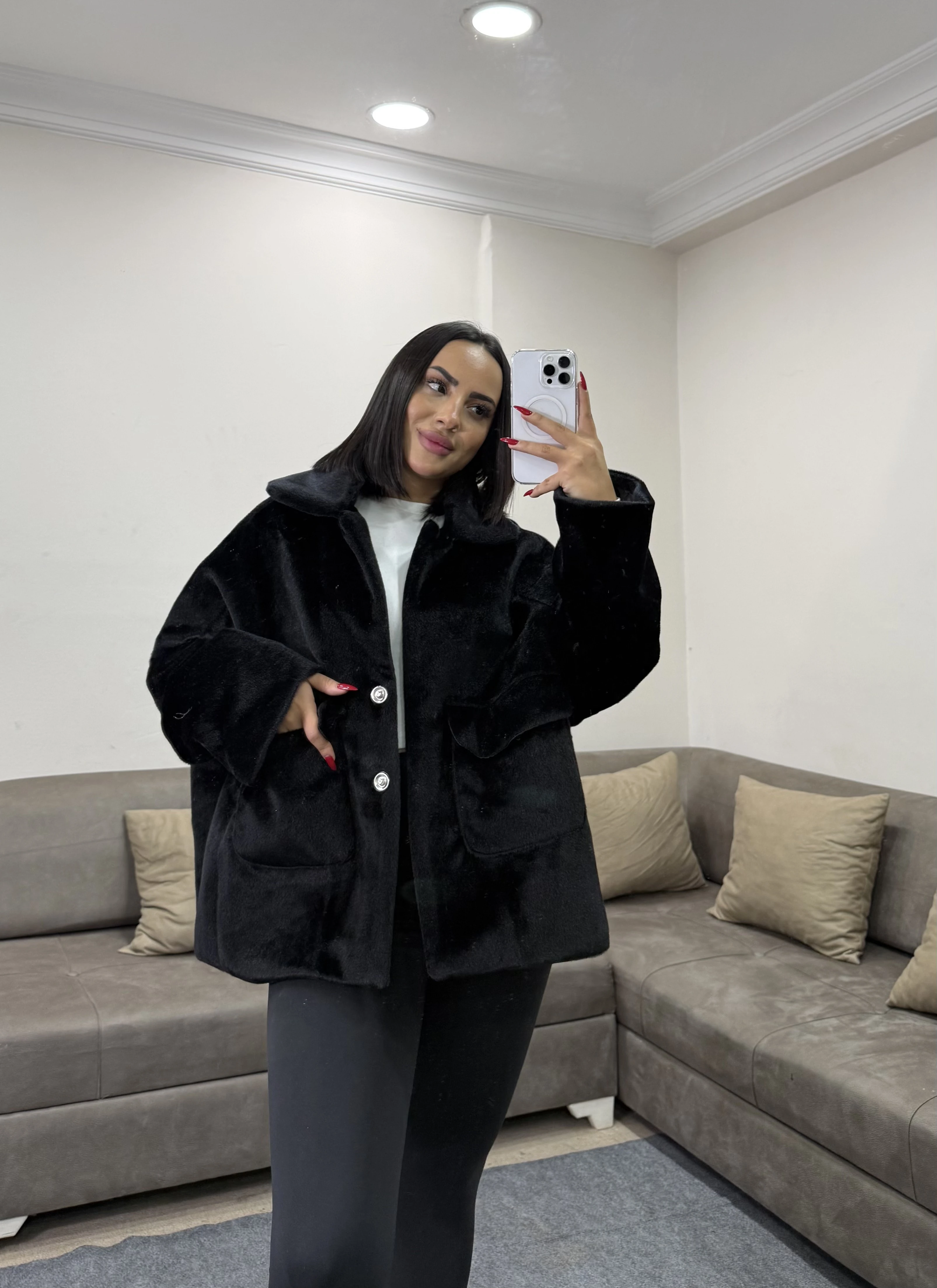 Taş Alpaka Kürk Kısa Kaban - siyah