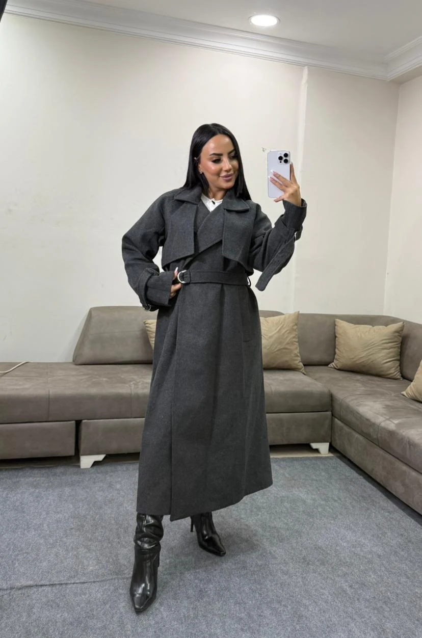 Kadın Uzun Kemer Detaylı Kaşe Kaban - füme