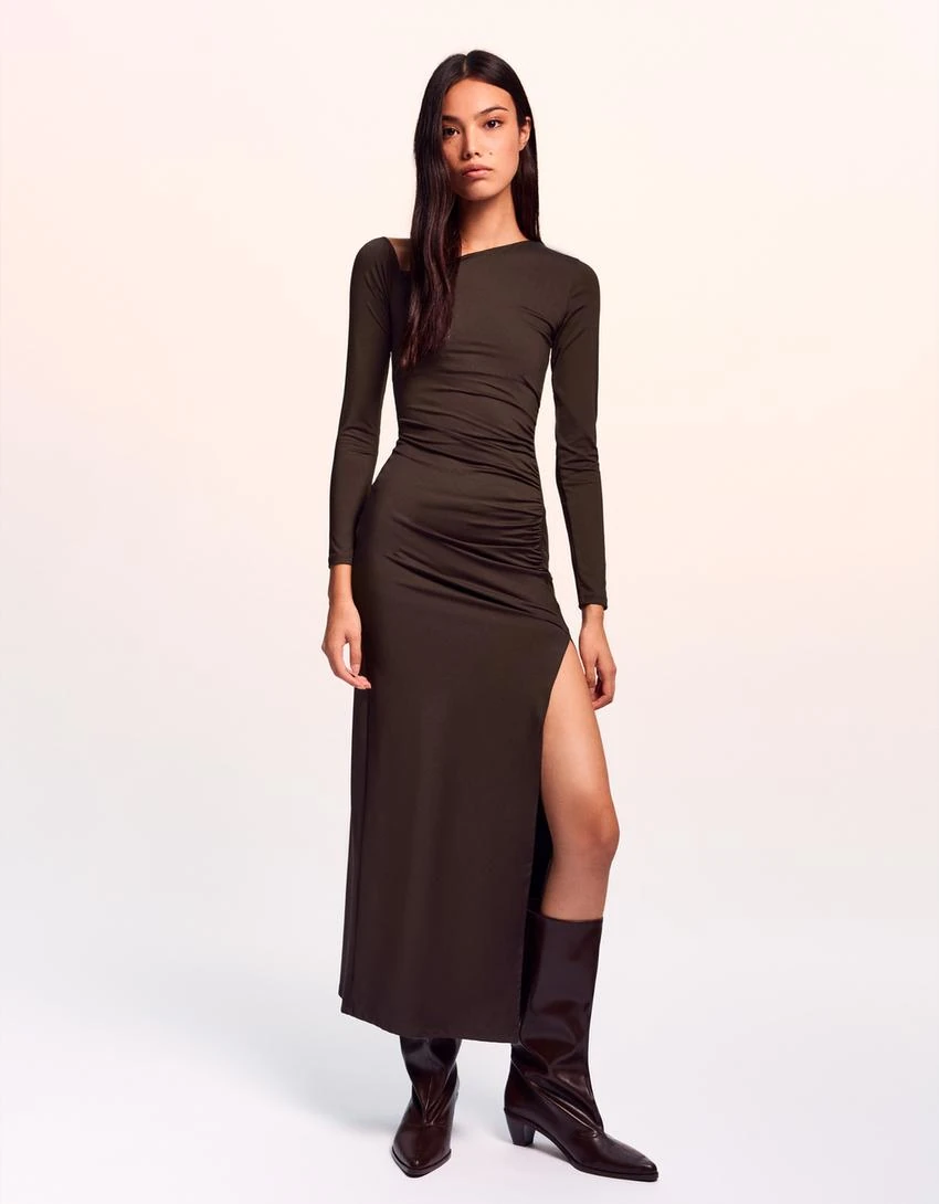 Asimetrik uzun kollu midi elbise - kahverengi