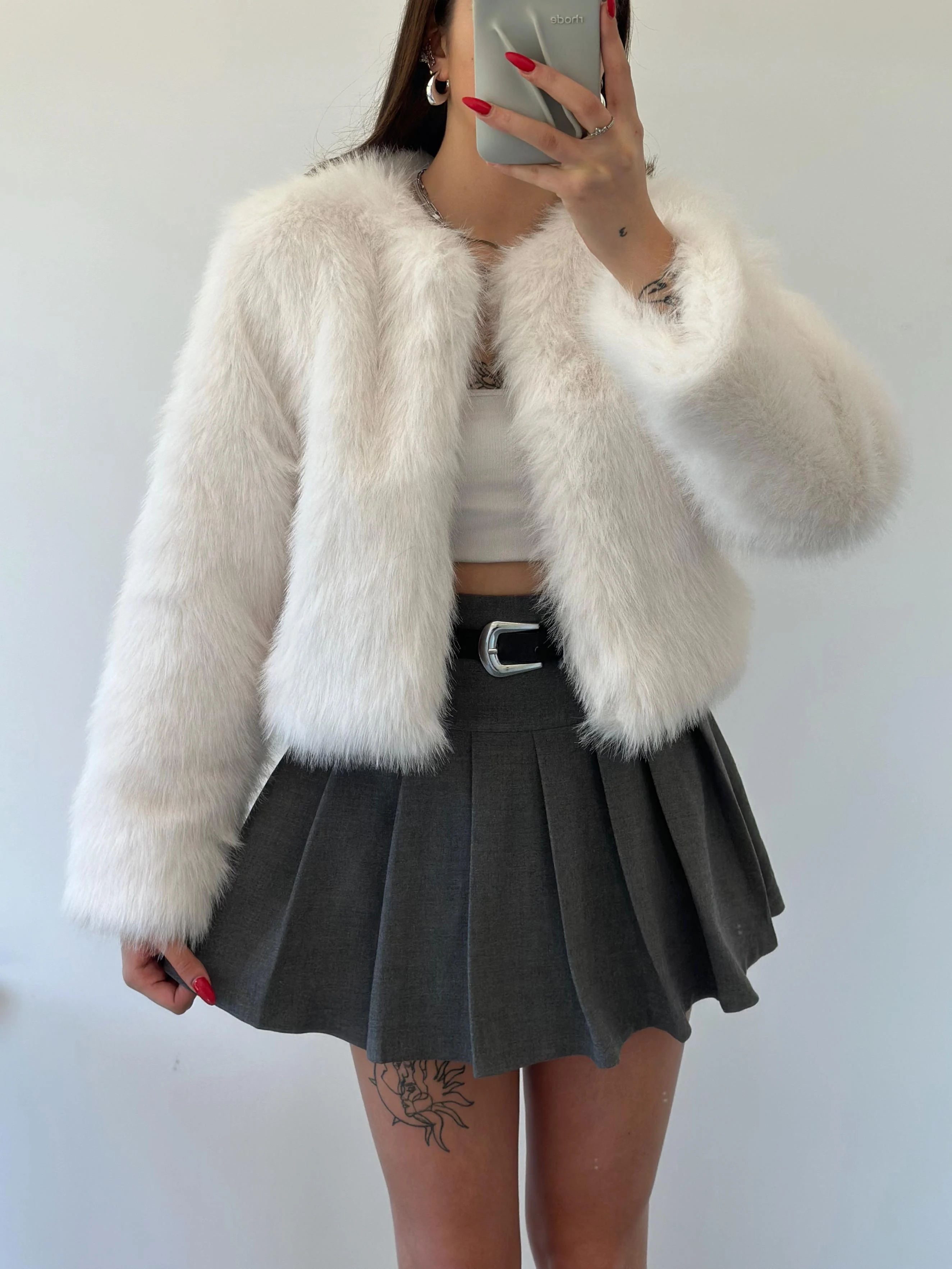 Crop Siyah Kürk Ceket - beyaz