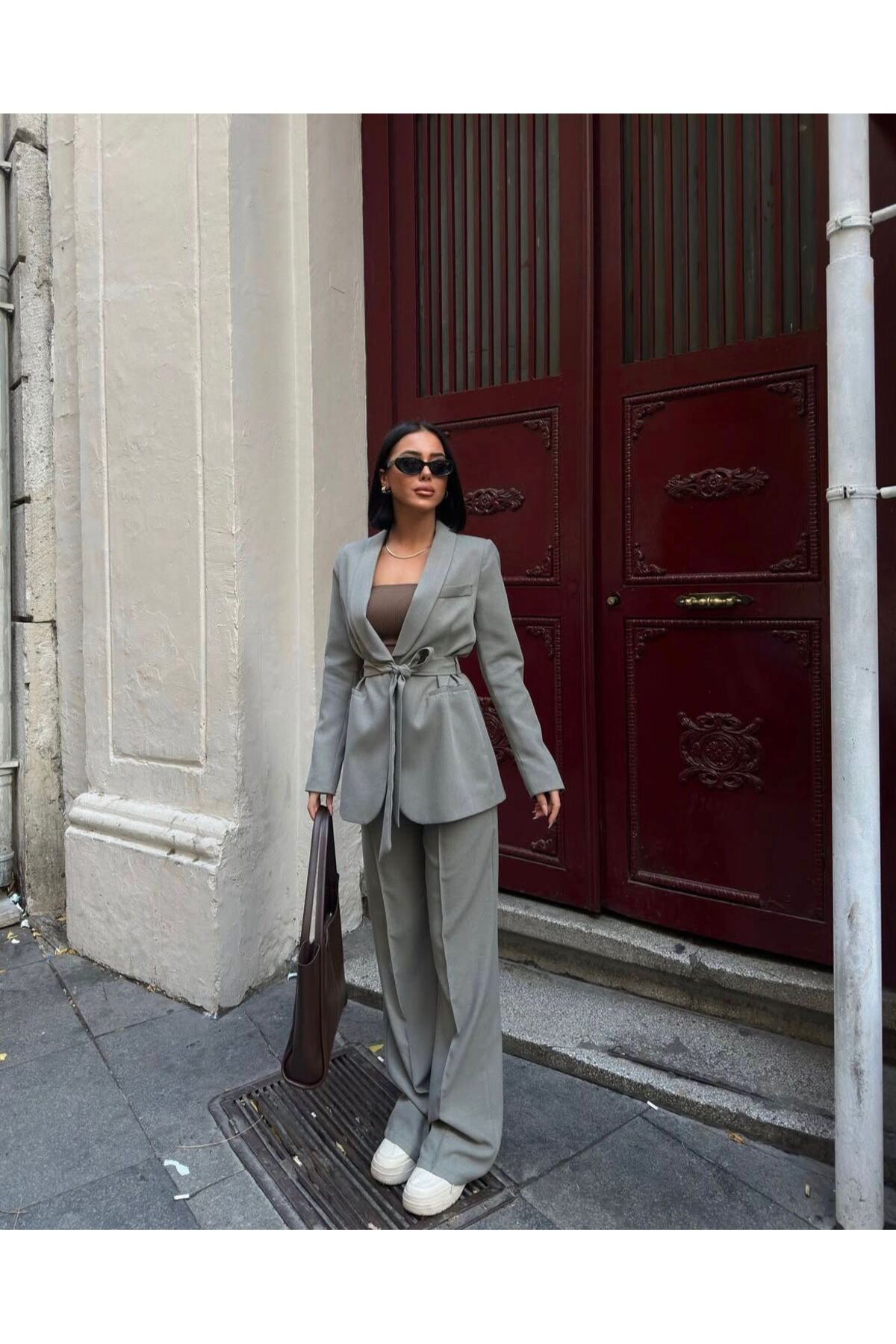 HG Yeşil Kemerli Ceket Palazzo Pantalon Takımı