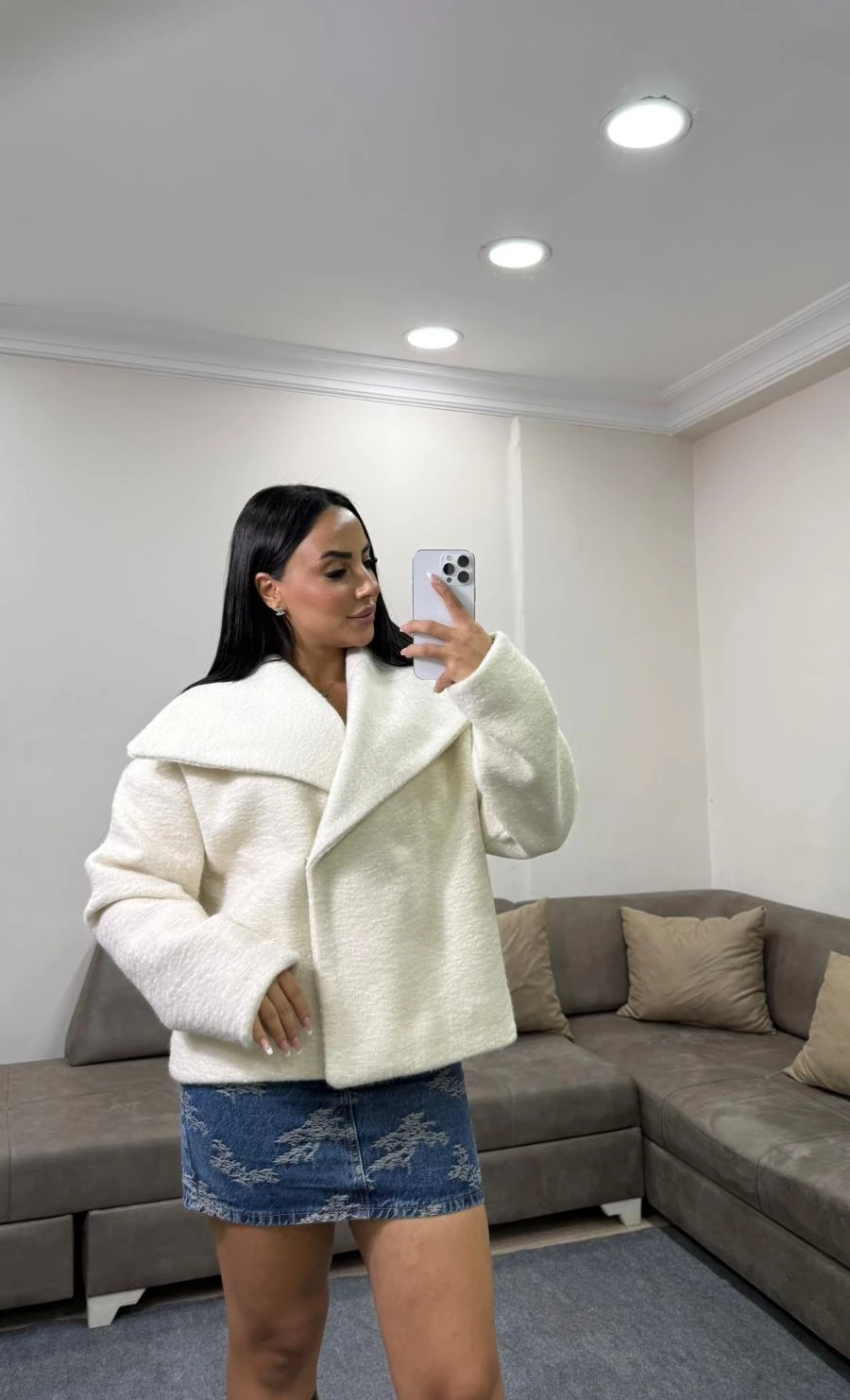 Kadın Kruvaze Şal Yaka Premium Kaşe Ceket/Mont - krem