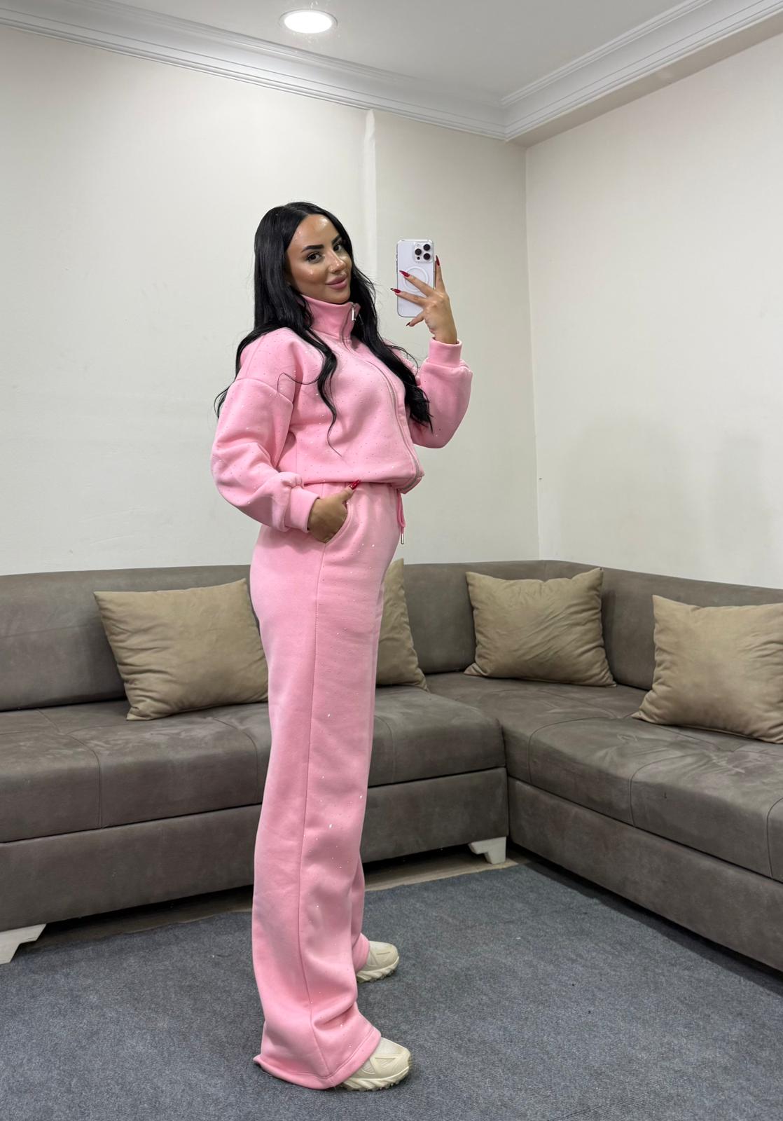 Parlak Taşlı Üç İplik Pamuklu Sweatshirt Eşofman Takımı  - pembe