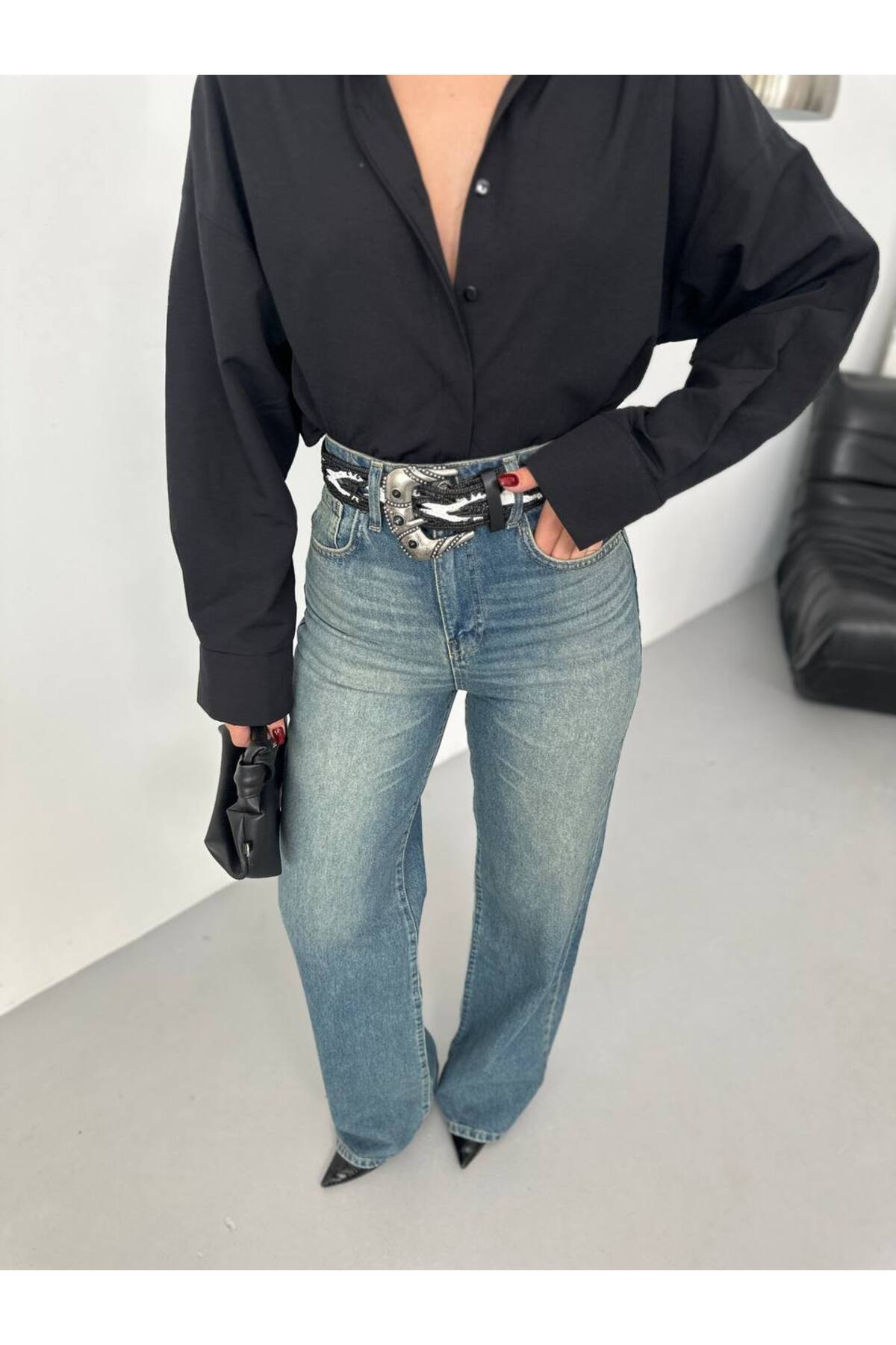 Kadın Yıkamalı Mavi Wide Leg Jean Pantalon