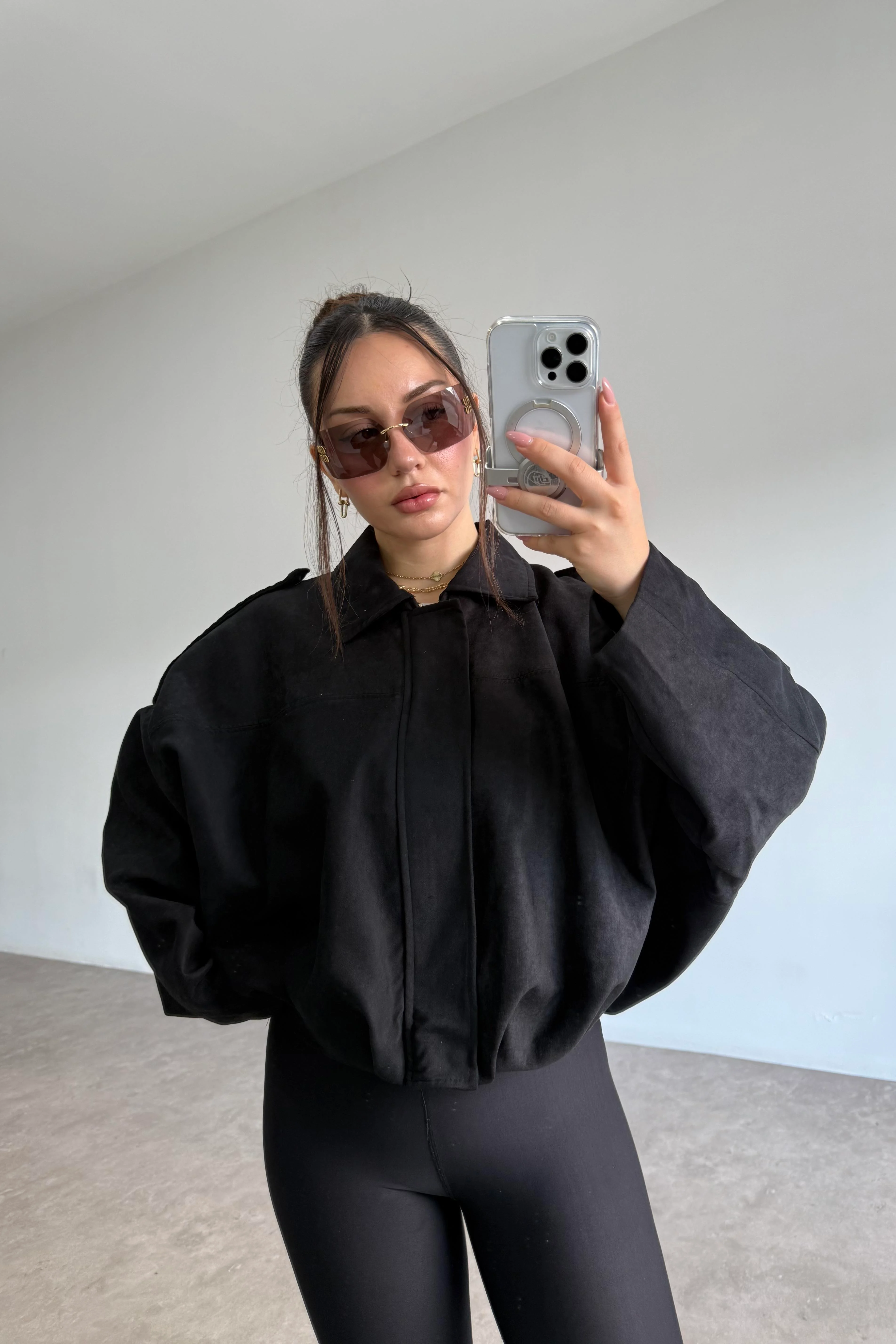 Zra Model Dokulu Süet Siyah Bomber Ceket