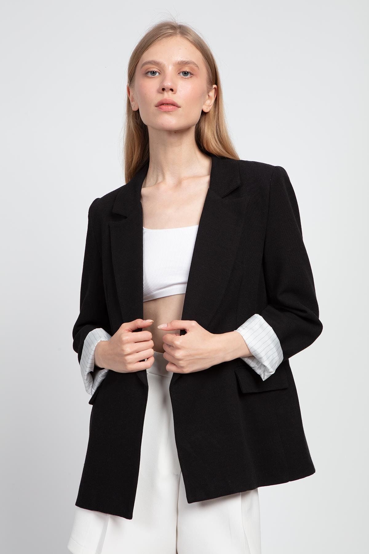 Kadın Kol Katlamalı Keten Blazer Ceket
