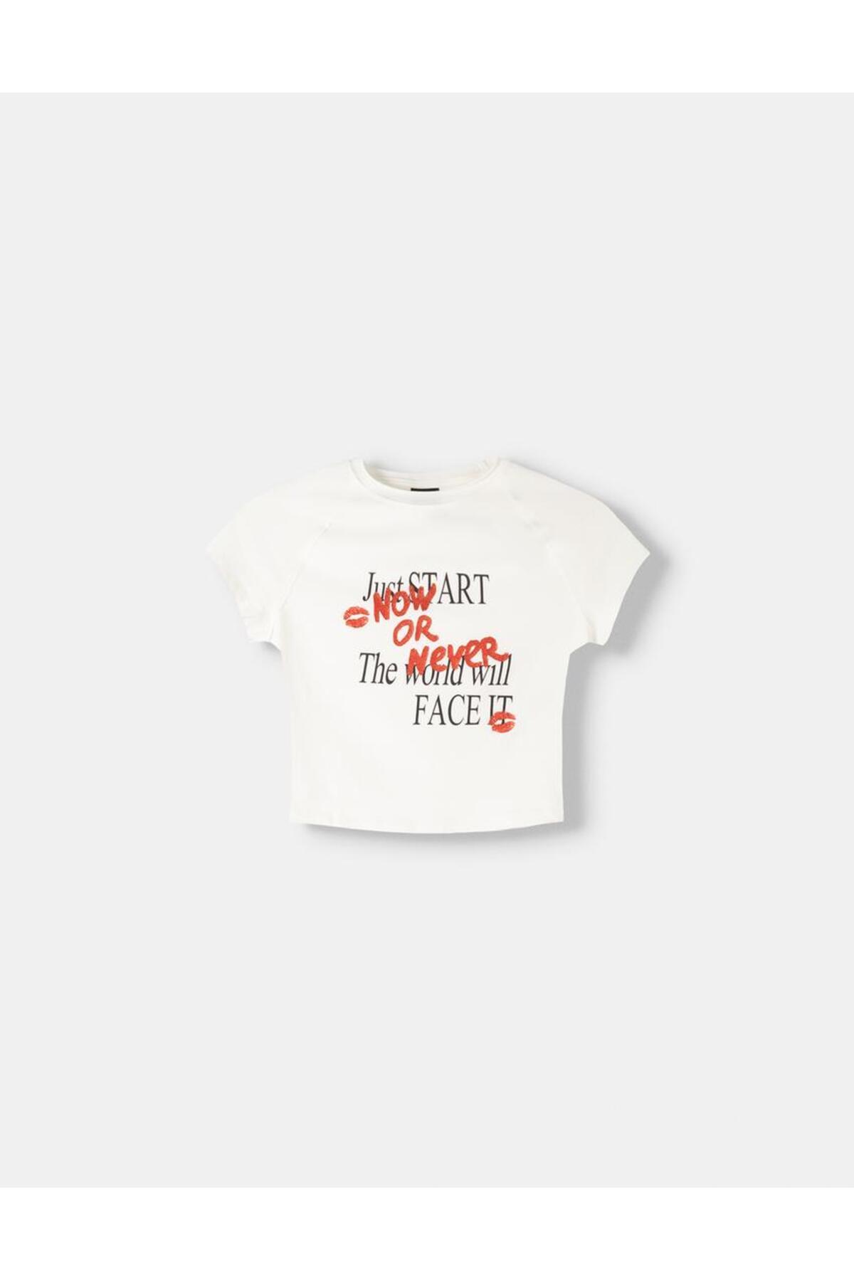 Baskılı reglan kısa kollu crop tişört