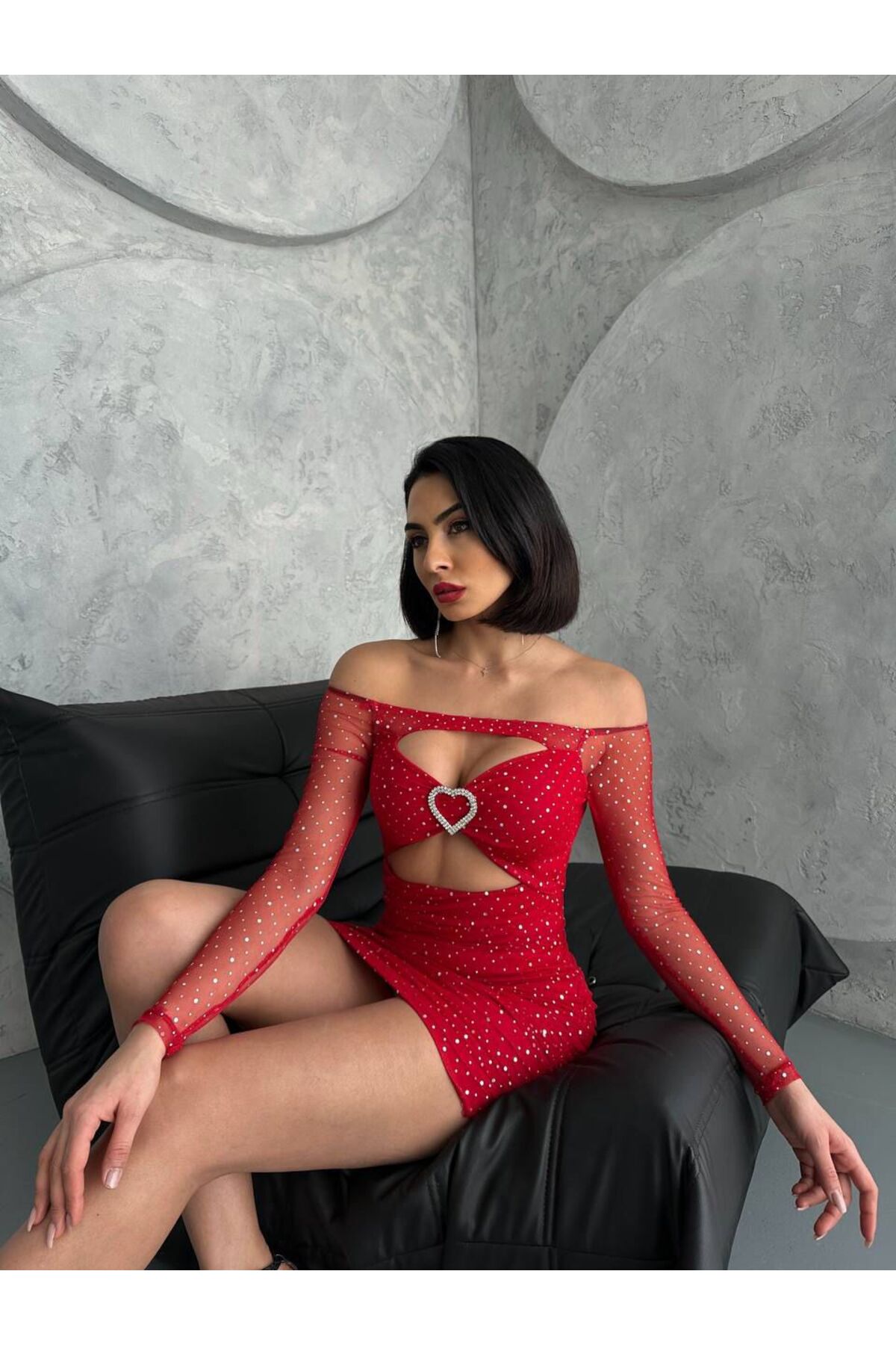 Kadın Simli İçi astarlı kalp aksesuarlı kırmızı tül yılbaşı gece elbisesi