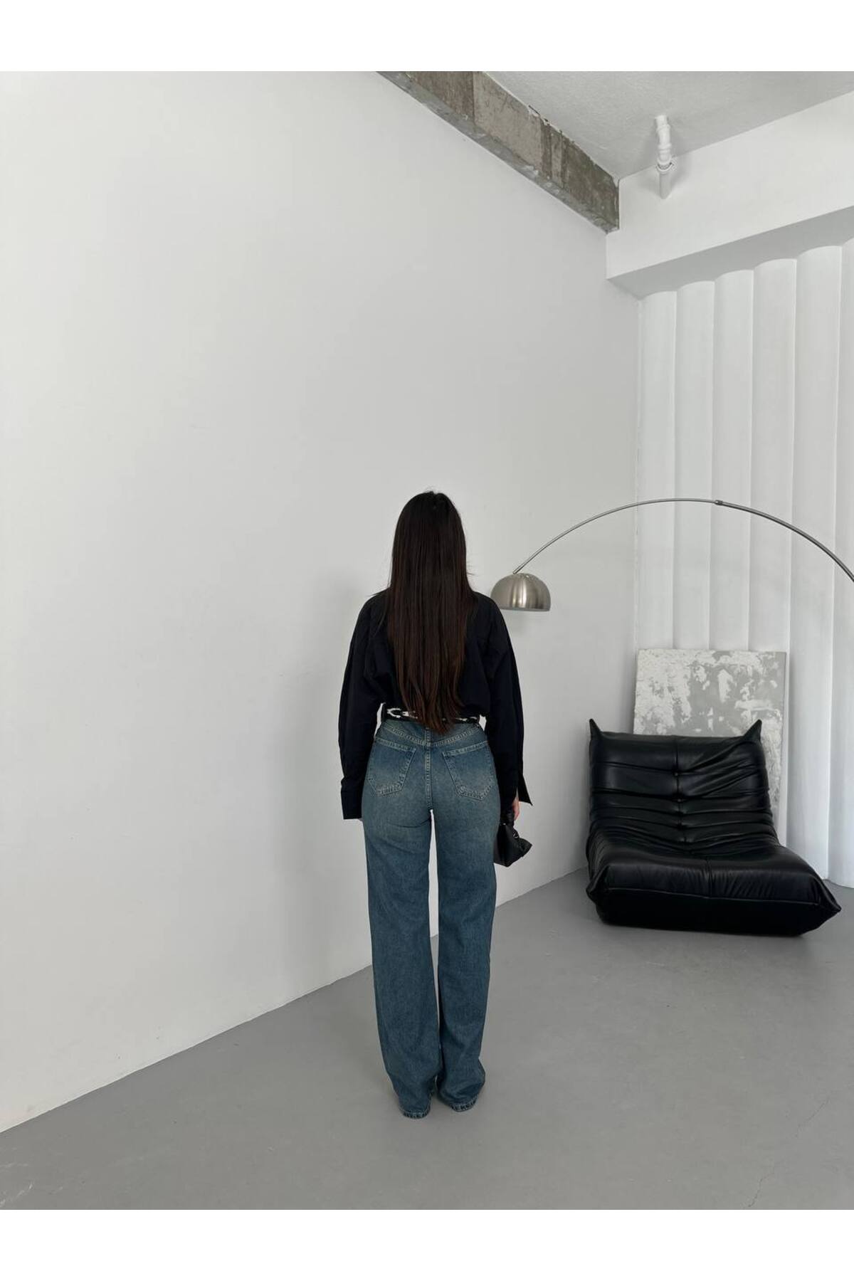 Kadın Yıkamalı Mavi Wide Leg Jean Pantalon