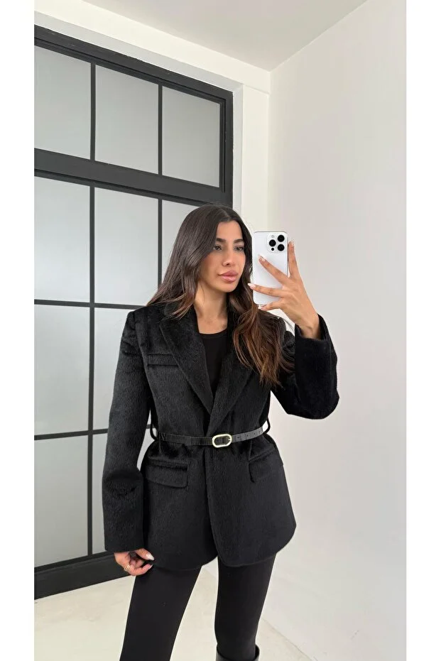  Astarlı Kemerli Peluş Tüylü Ceket - siyah