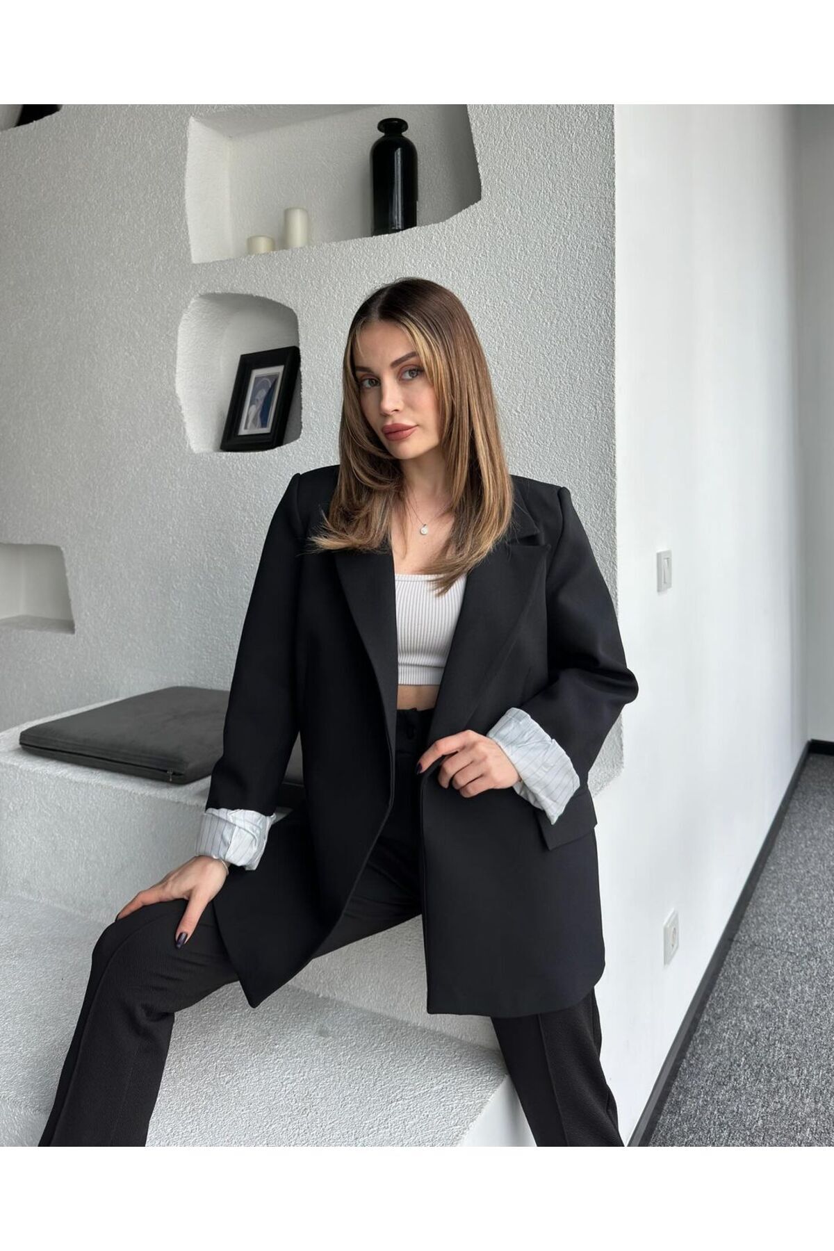 Kadın Double Kumaş Premium Astarlı Manşet Çizgili Blazer Ceket