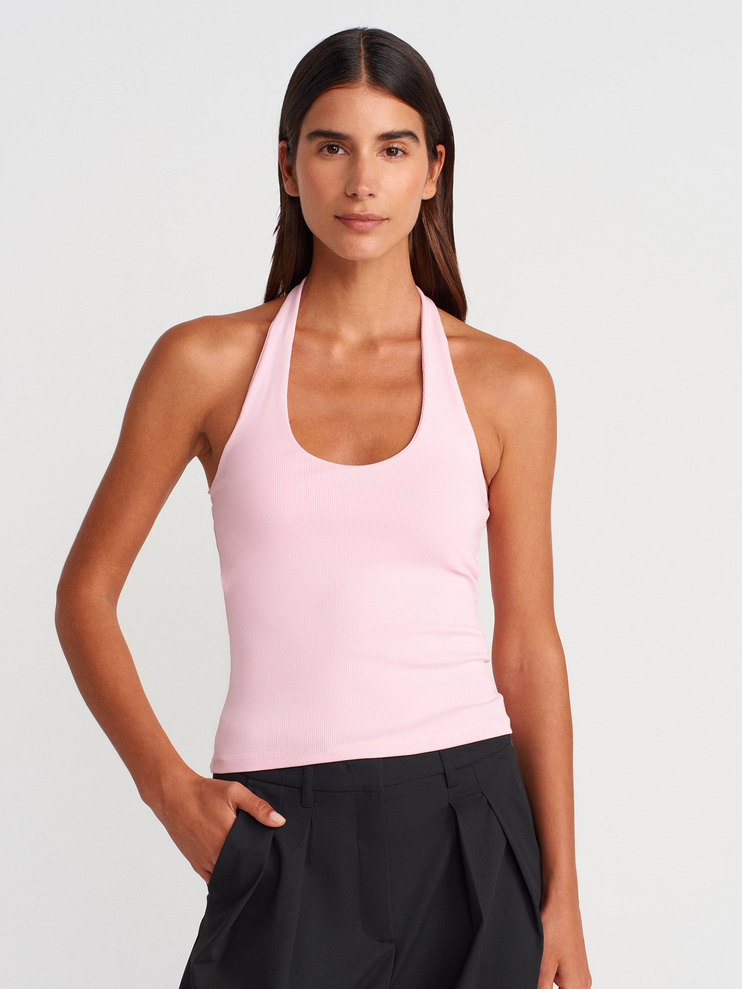 Halter Yaka Top-Toz Pembe