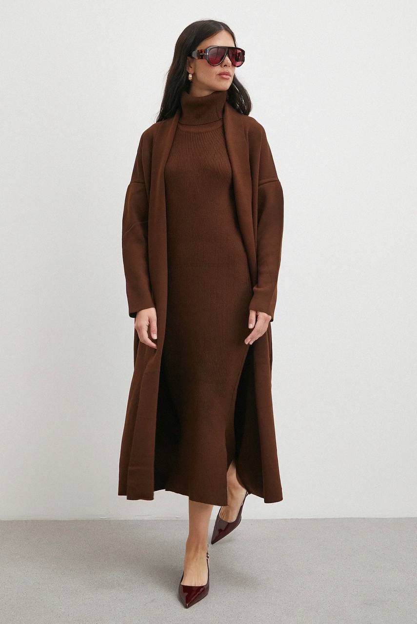 BOĞAZLI ELBİSE HIRKA BEJ TRİKO TAKIM - kahverengi