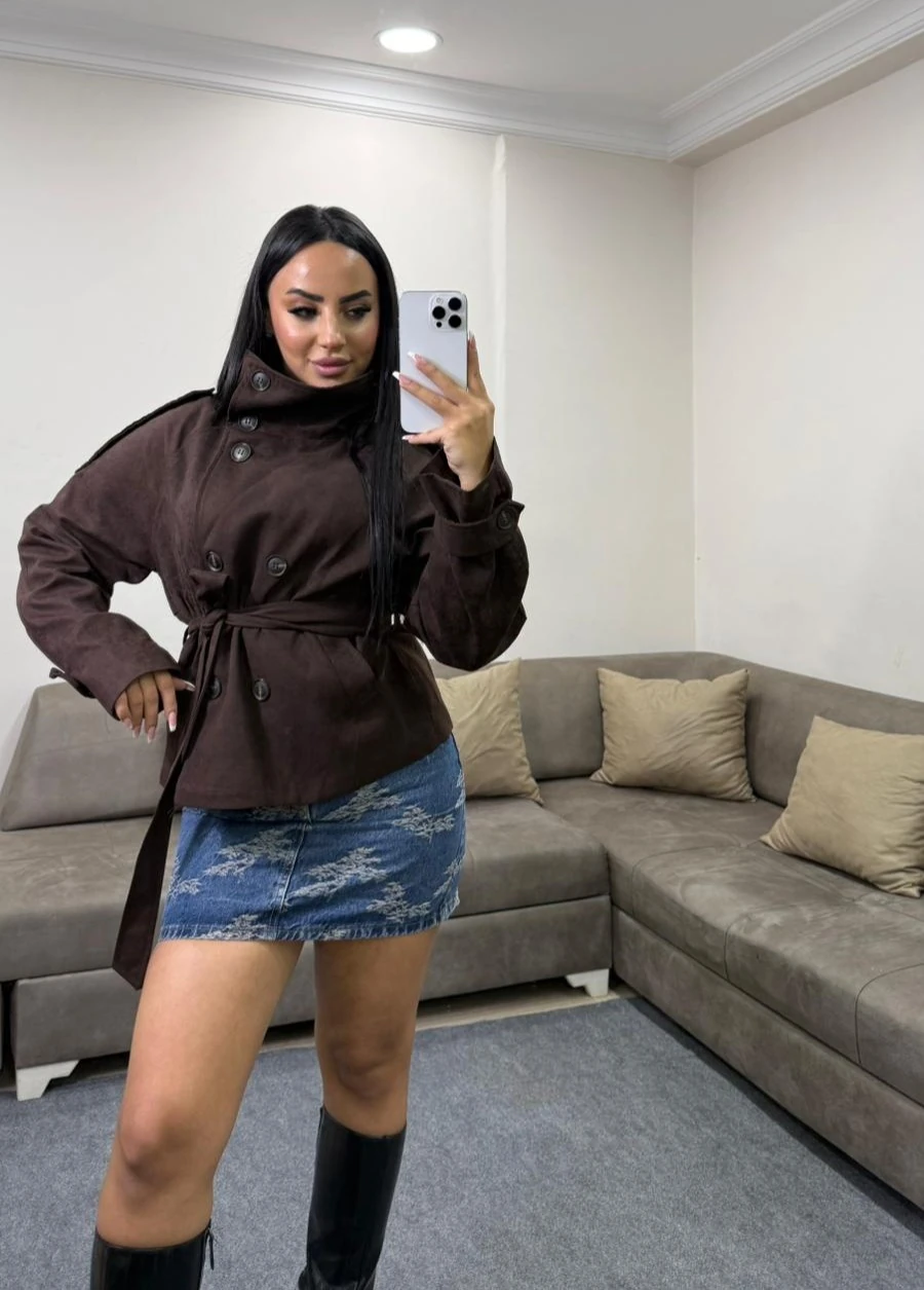 Kadın Dik Yaka Düğmeli Kemerli Süet Ceket - acı kahve