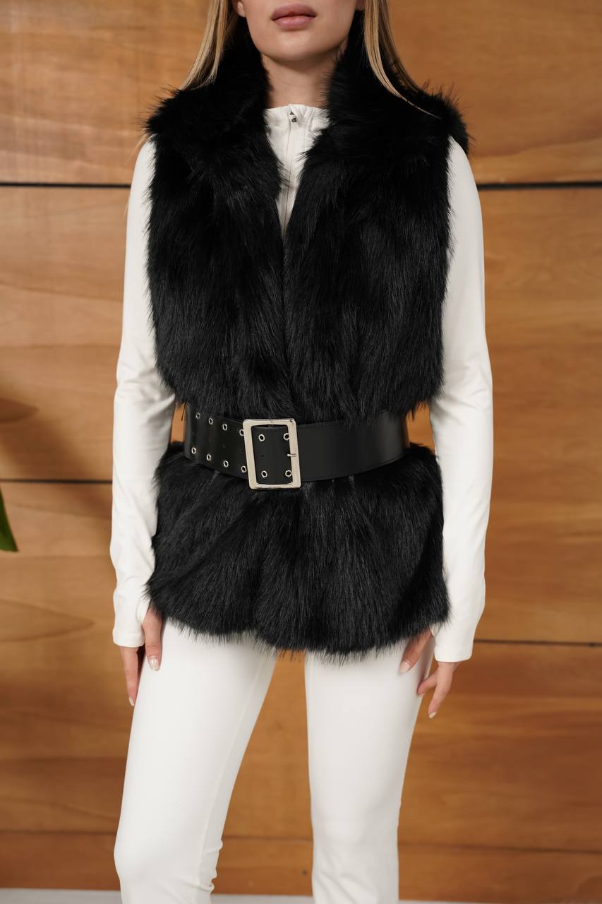 Kadın Kemerli Premium Kürk Yelek - siyah